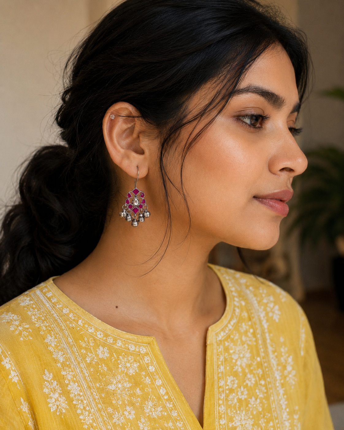 Fuchsia Enamal Ghungroo Earrings