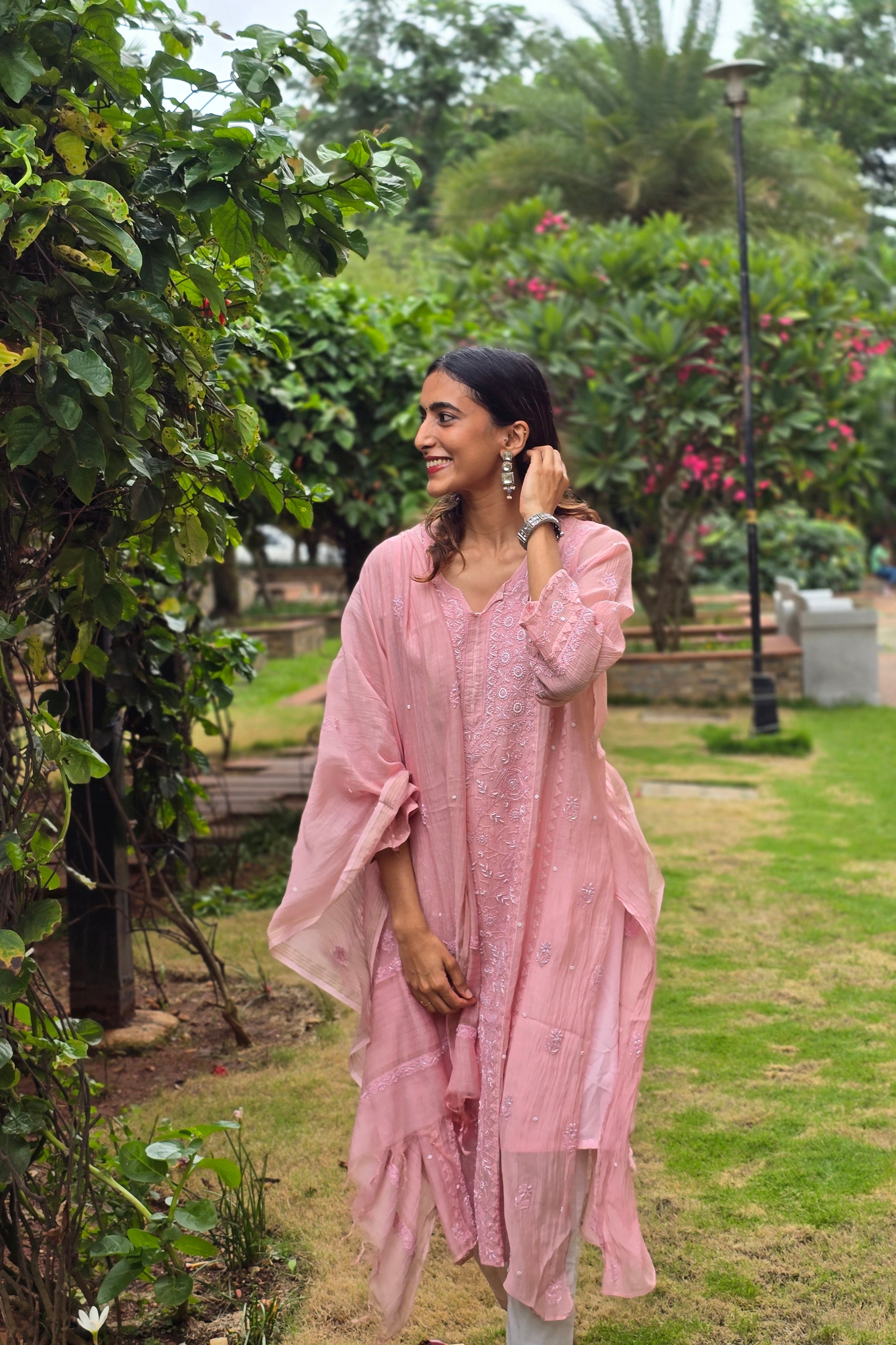 Premium Mul Chanderi Semi Stitched Chikankari Kurti Duppatta Set