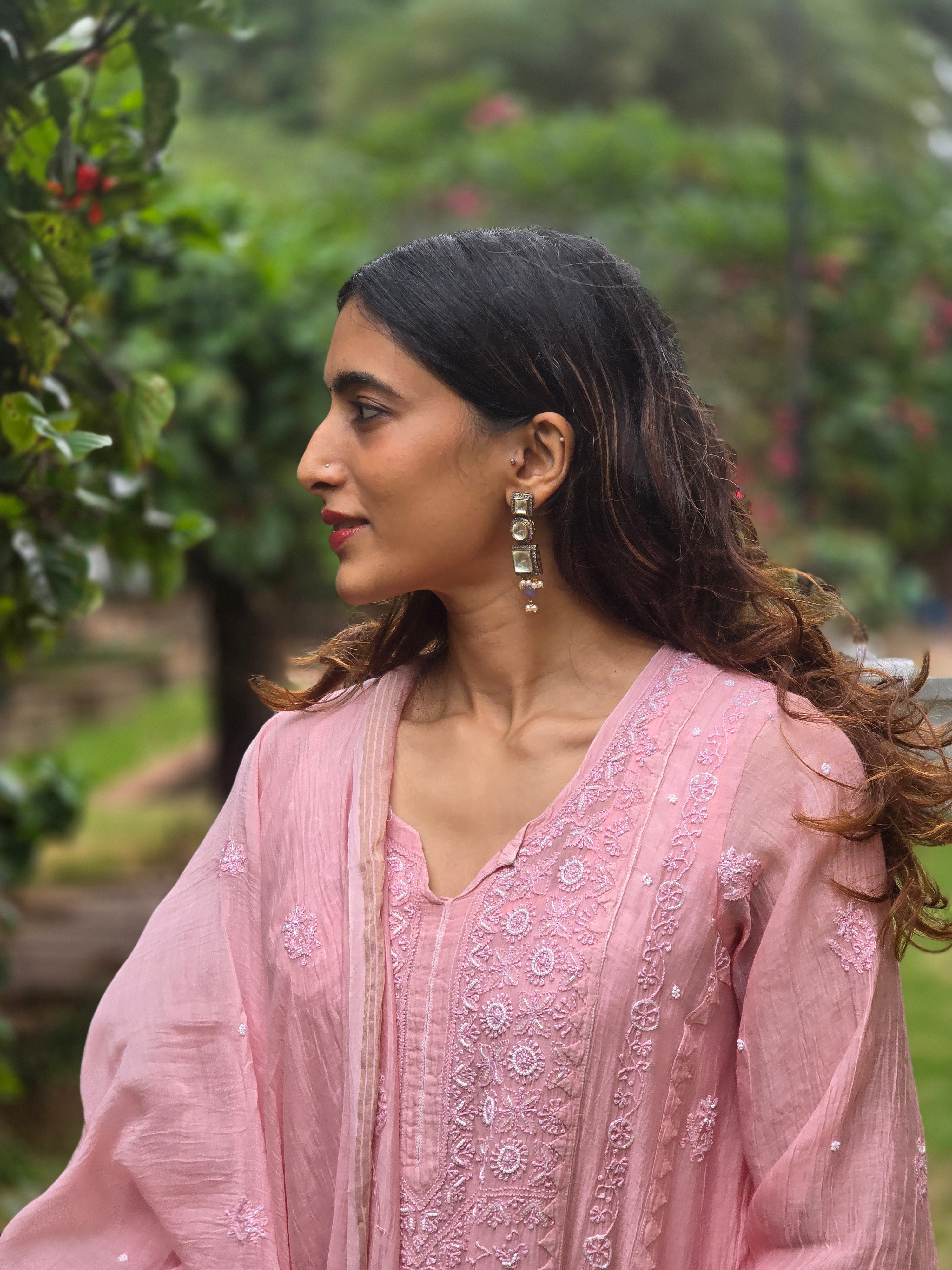 Premium Mul Chanderi Semi Stitched Chikankari Kurti Duppatta Set