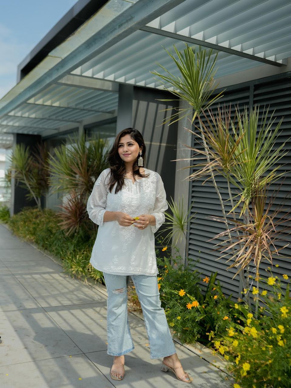 Kota Doria Chikankari Short top.