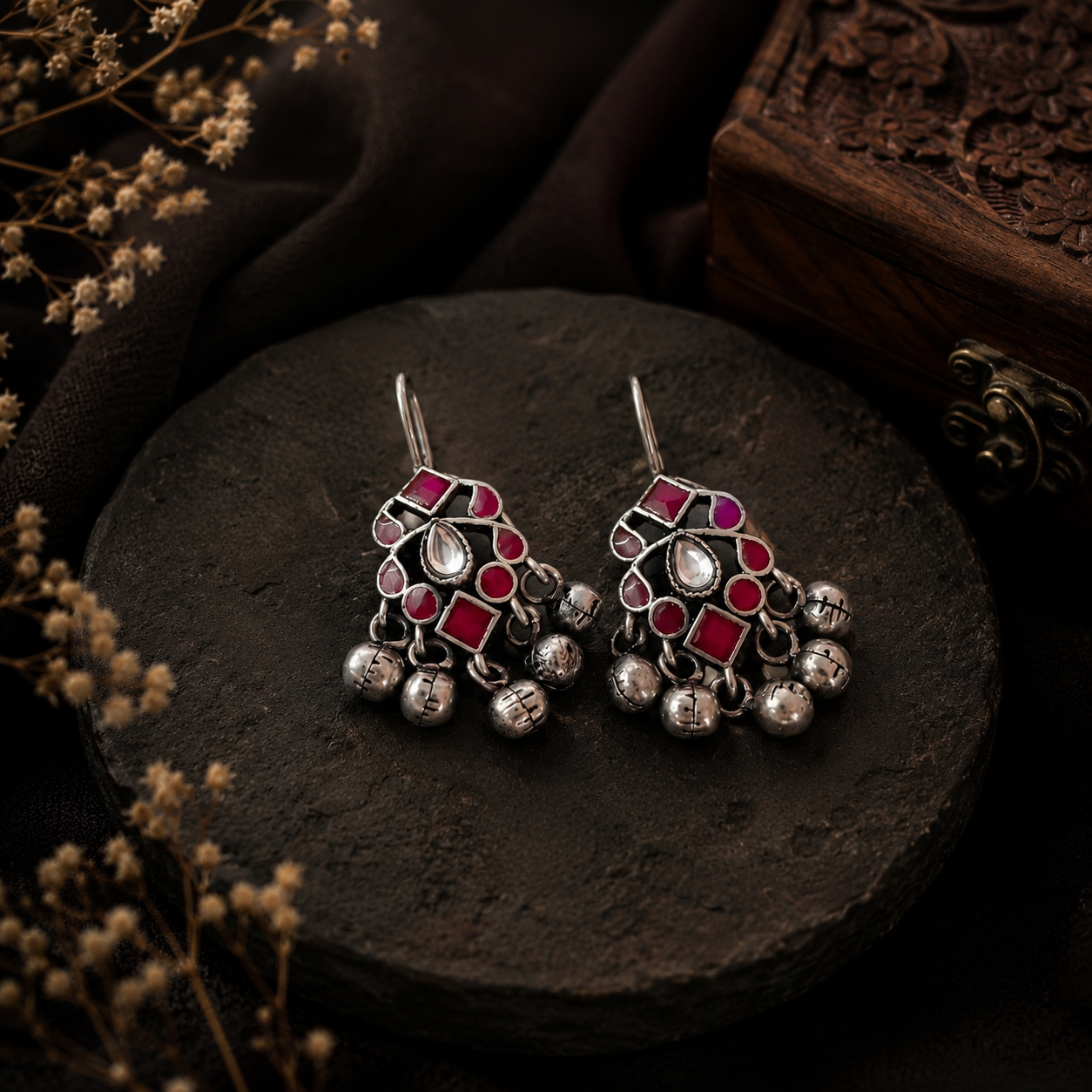 Fuchsia Enamal Ghungroo Earrings