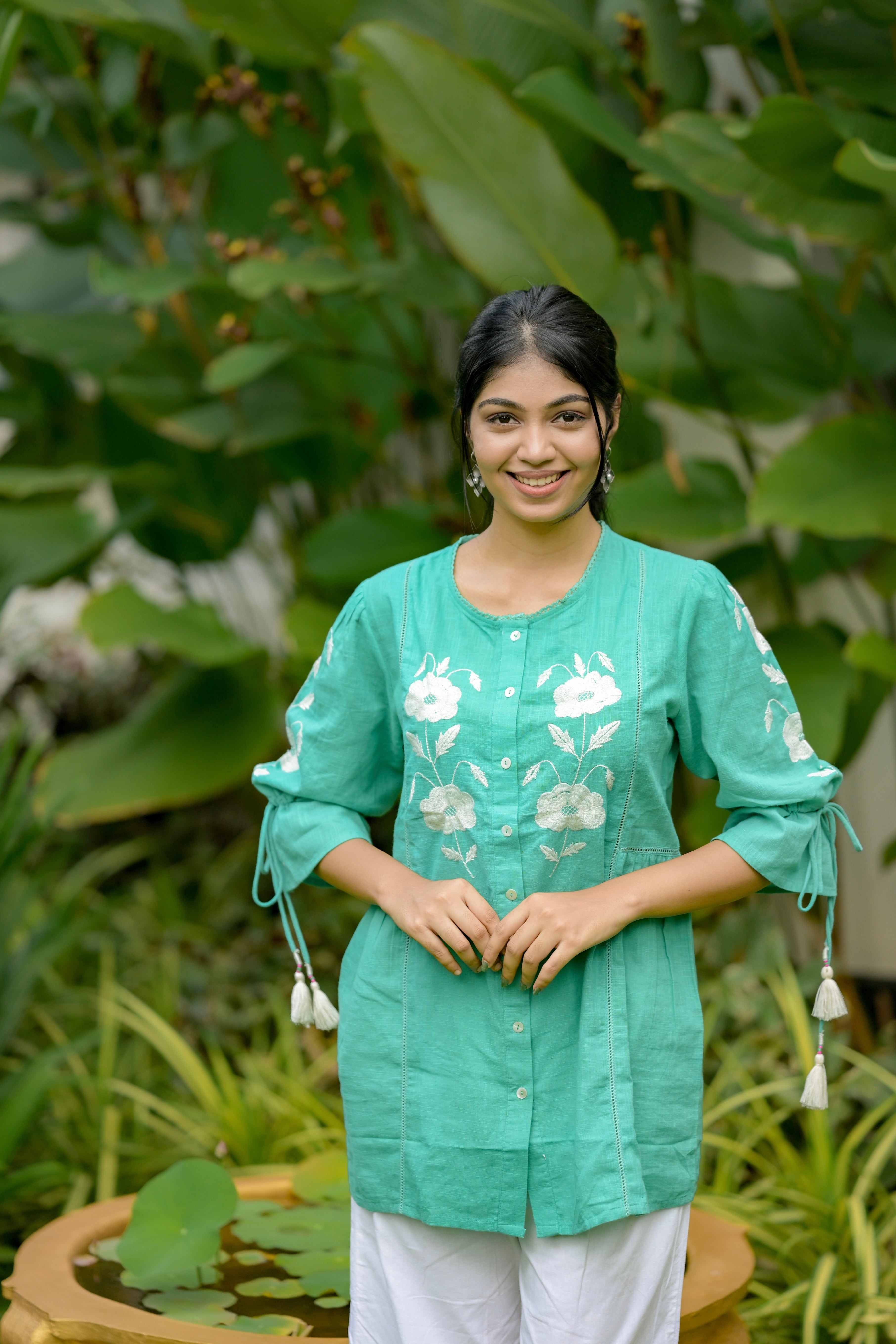 Turquoise Floral Embroidered Short top