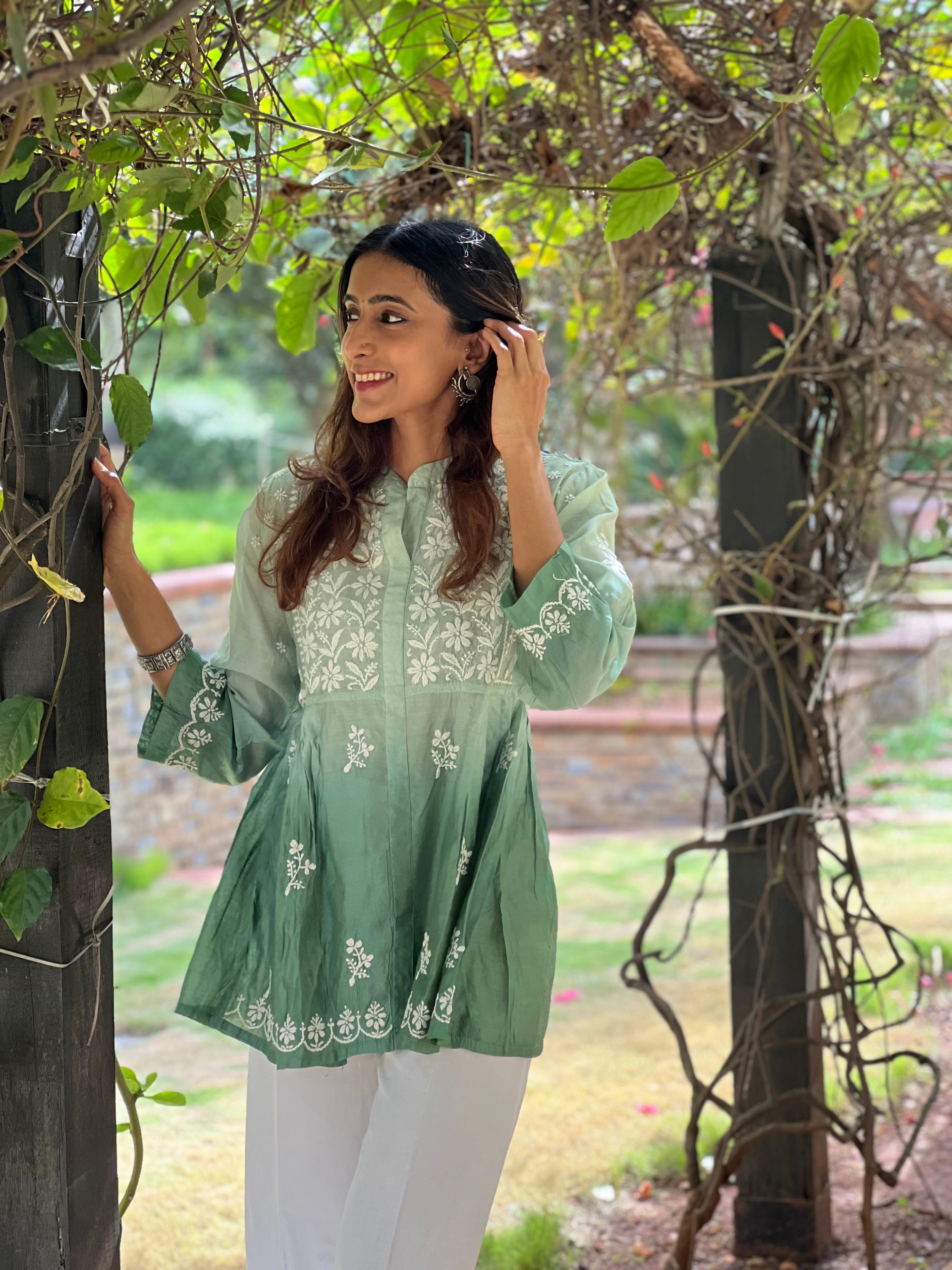 Designer Chanderi Chikankari Short Kurti