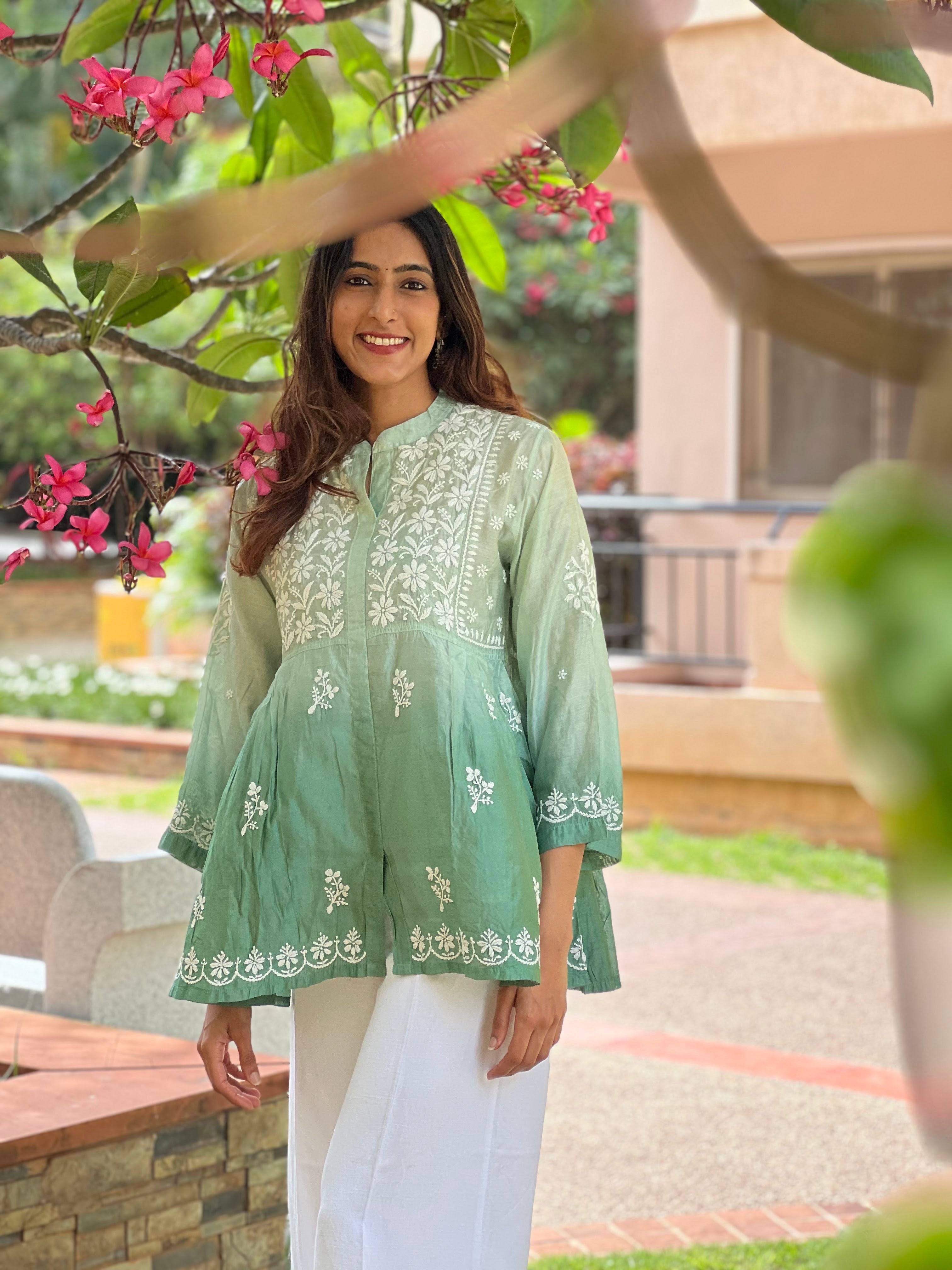 Designer Chanderi Chikankari Short Kurti