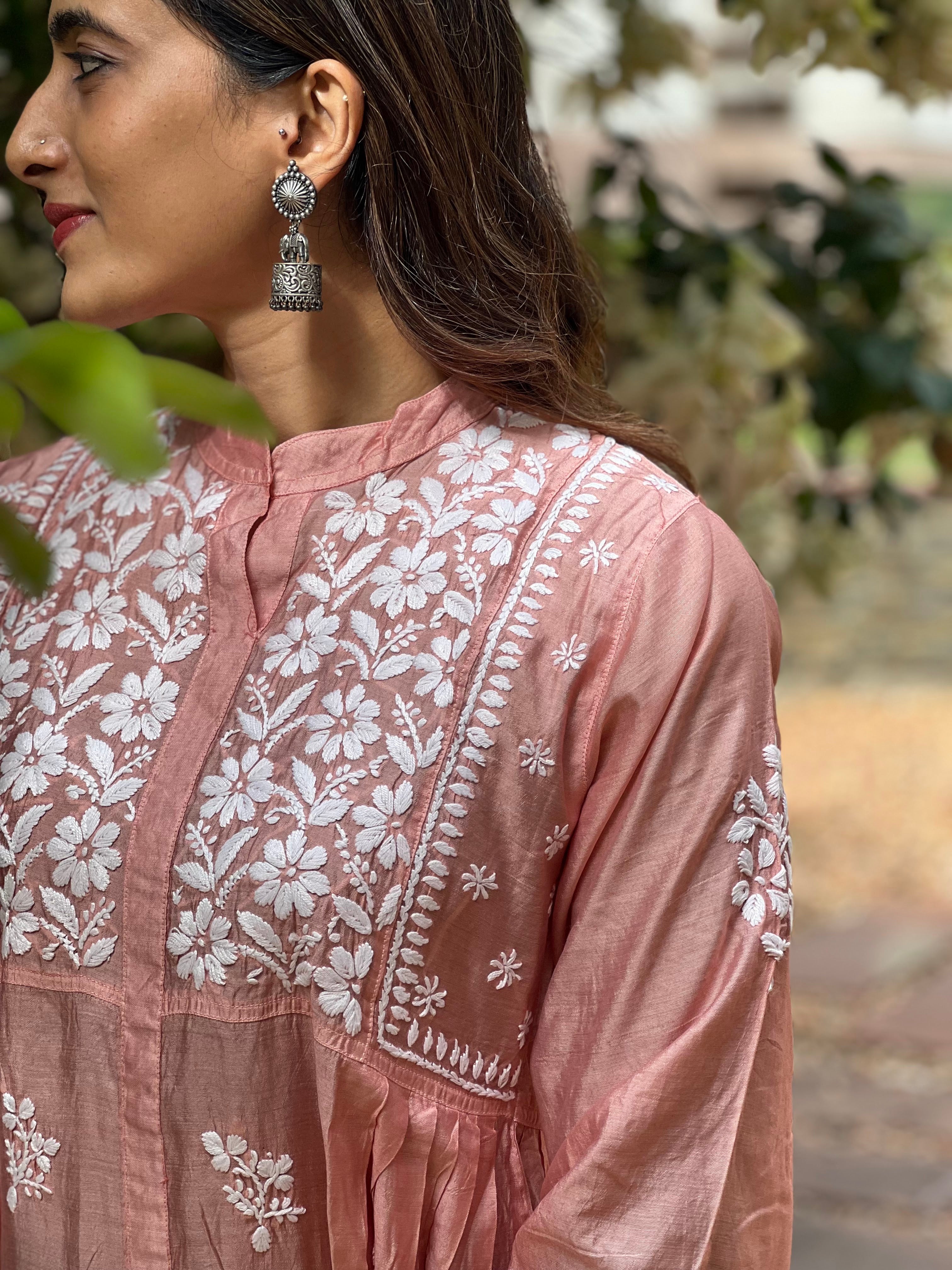 Designer Chanderi Chikankari Short Kurti