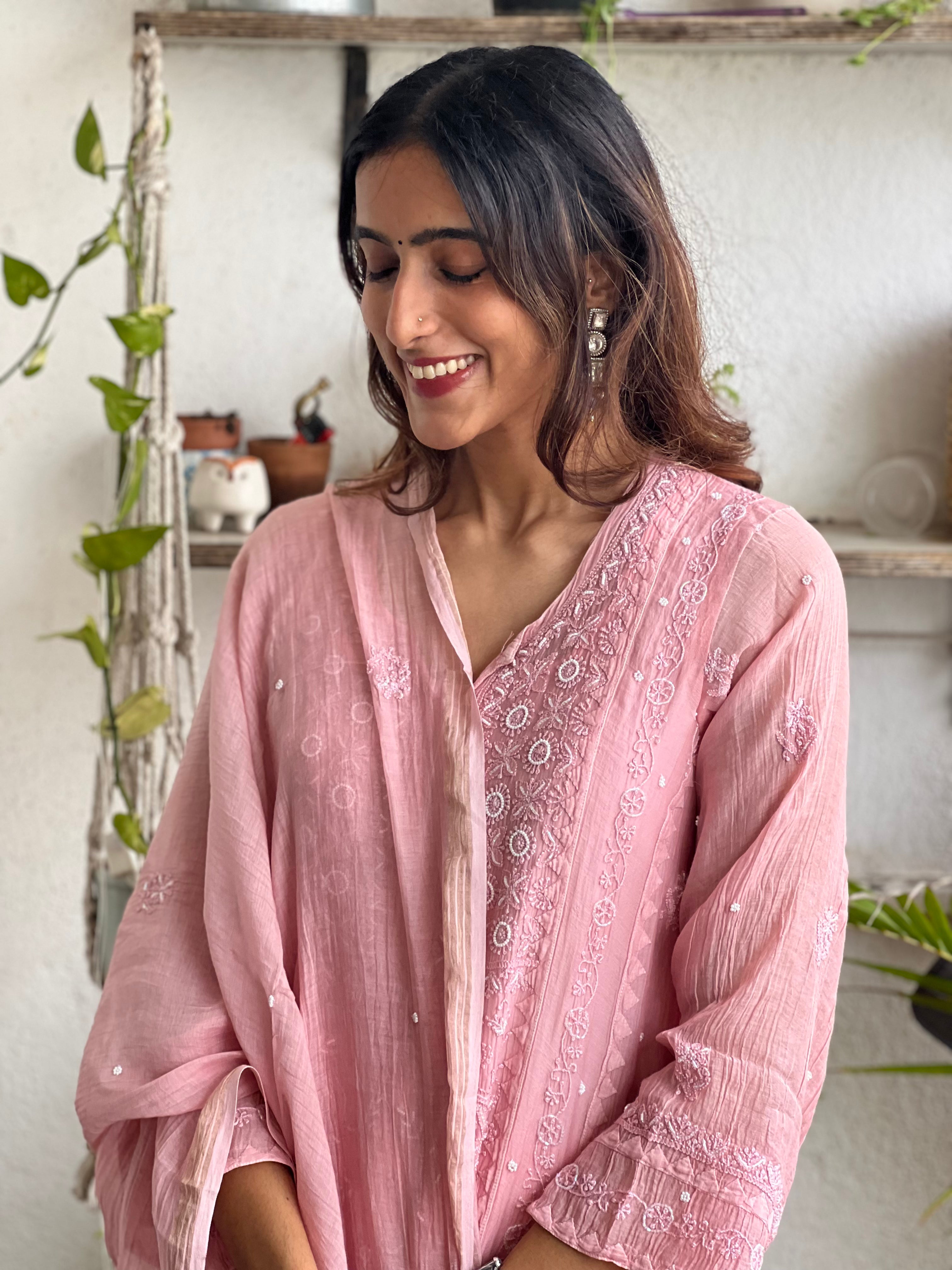 Premium Mul Chanderi Semi Stitched Chikankari Kurti Duppatta Set