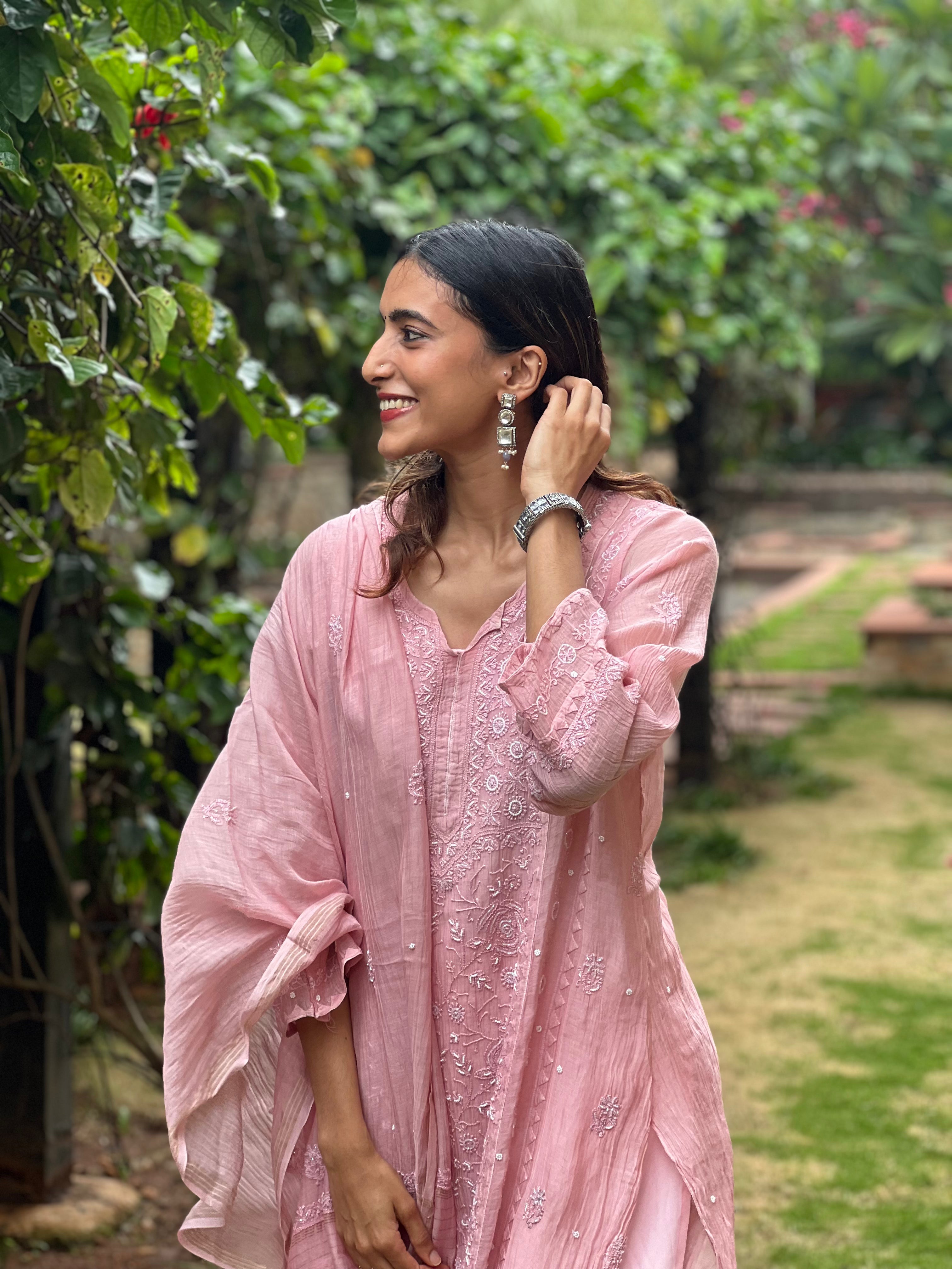 Premium Mul Chanderi Semi Stitched Chikankari Kurti Duppatta Set