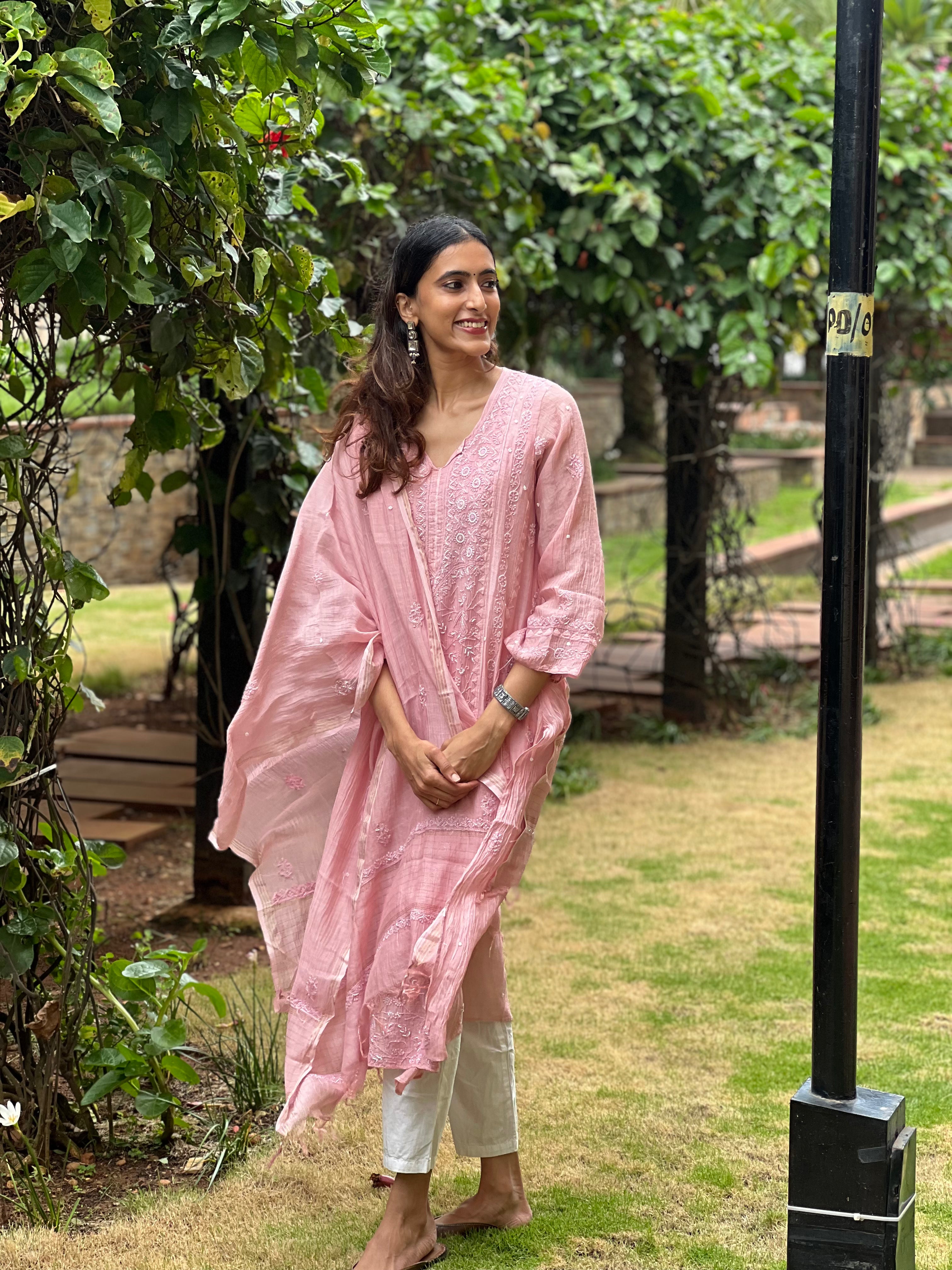 Premium Mul Chanderi Semi Stitched Chikankari Kurti Duppatta Set