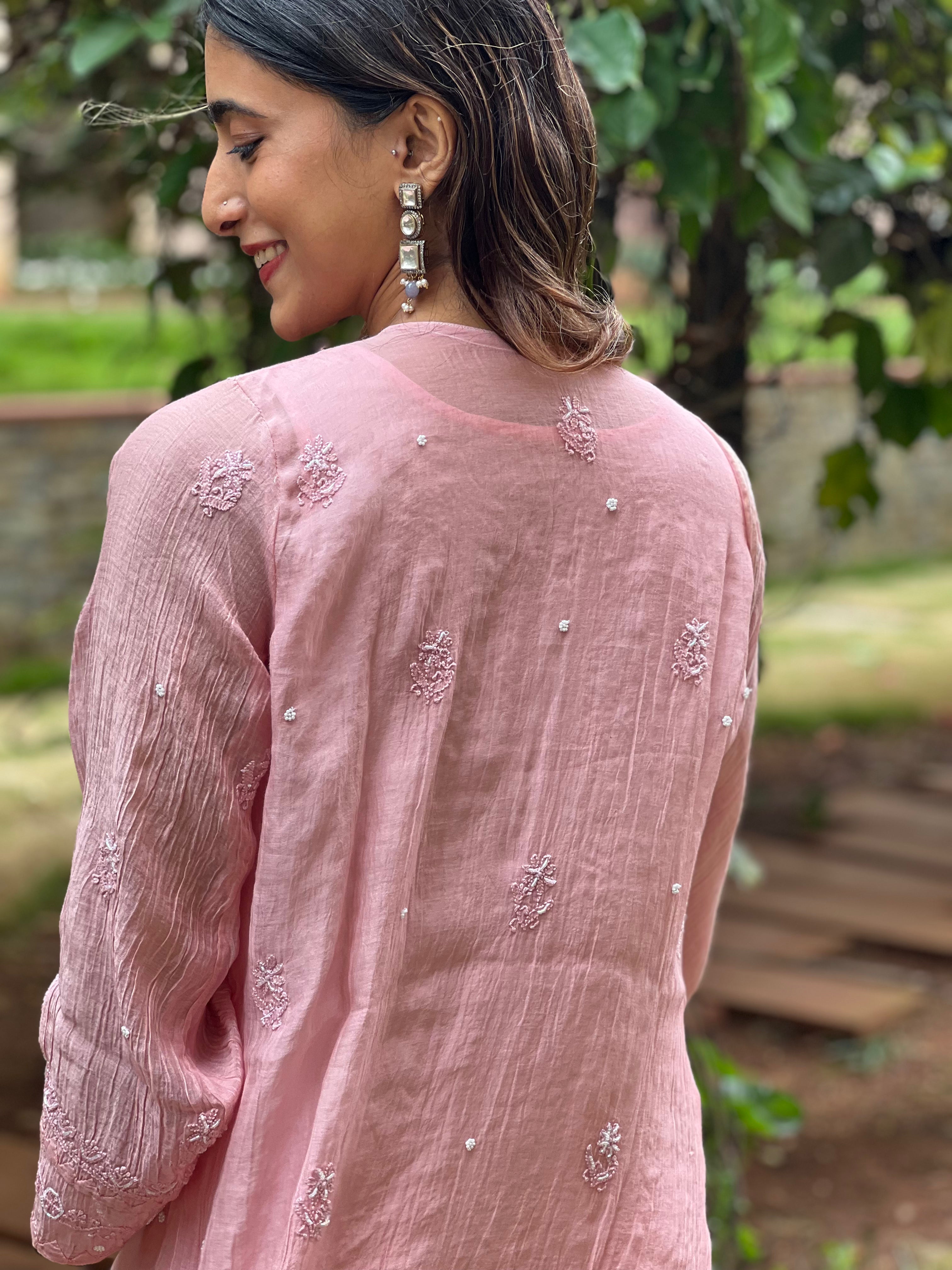 Premium Mul Chanderi Semi Stitched Chikankari Kurti Duppatta Set