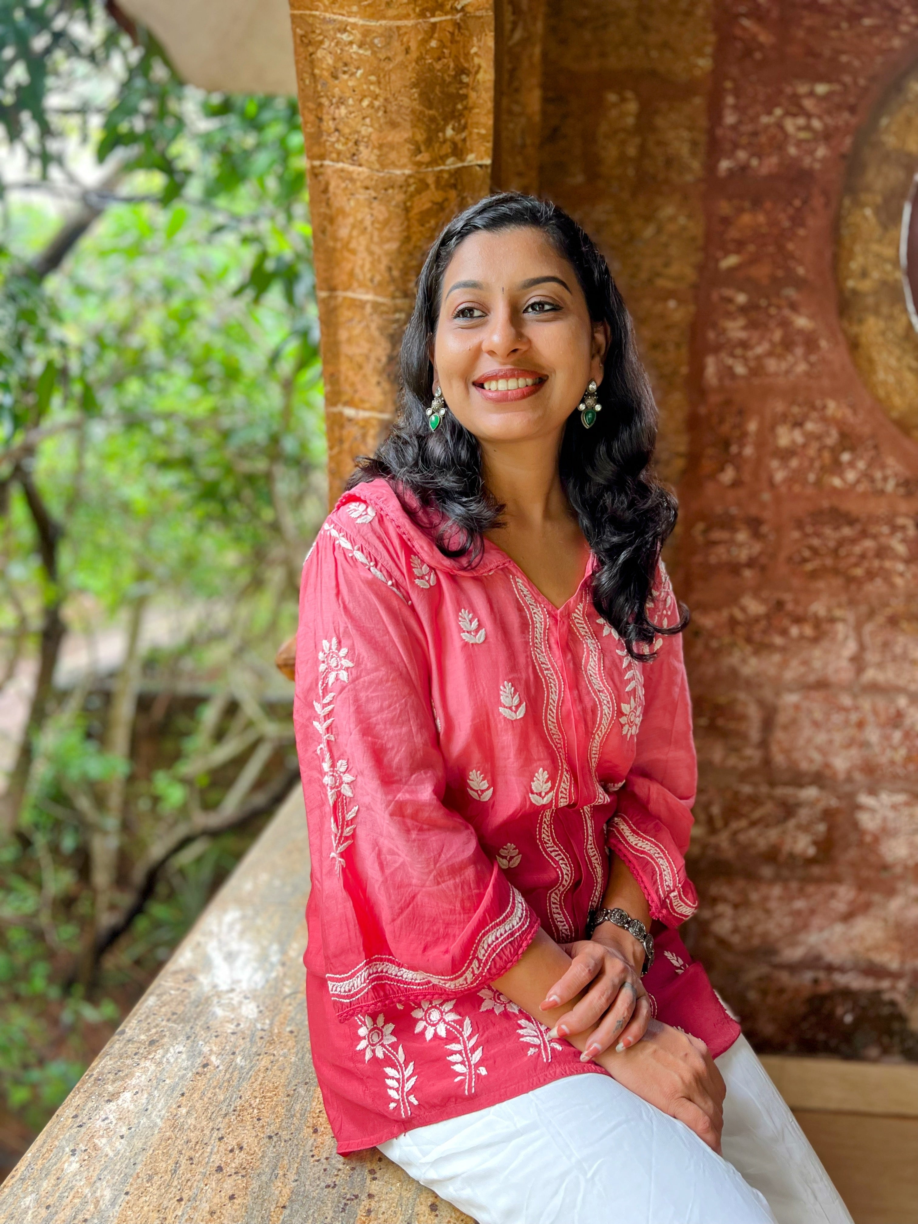 Pure Muslin Chikankari Short top with Peter-pan collar