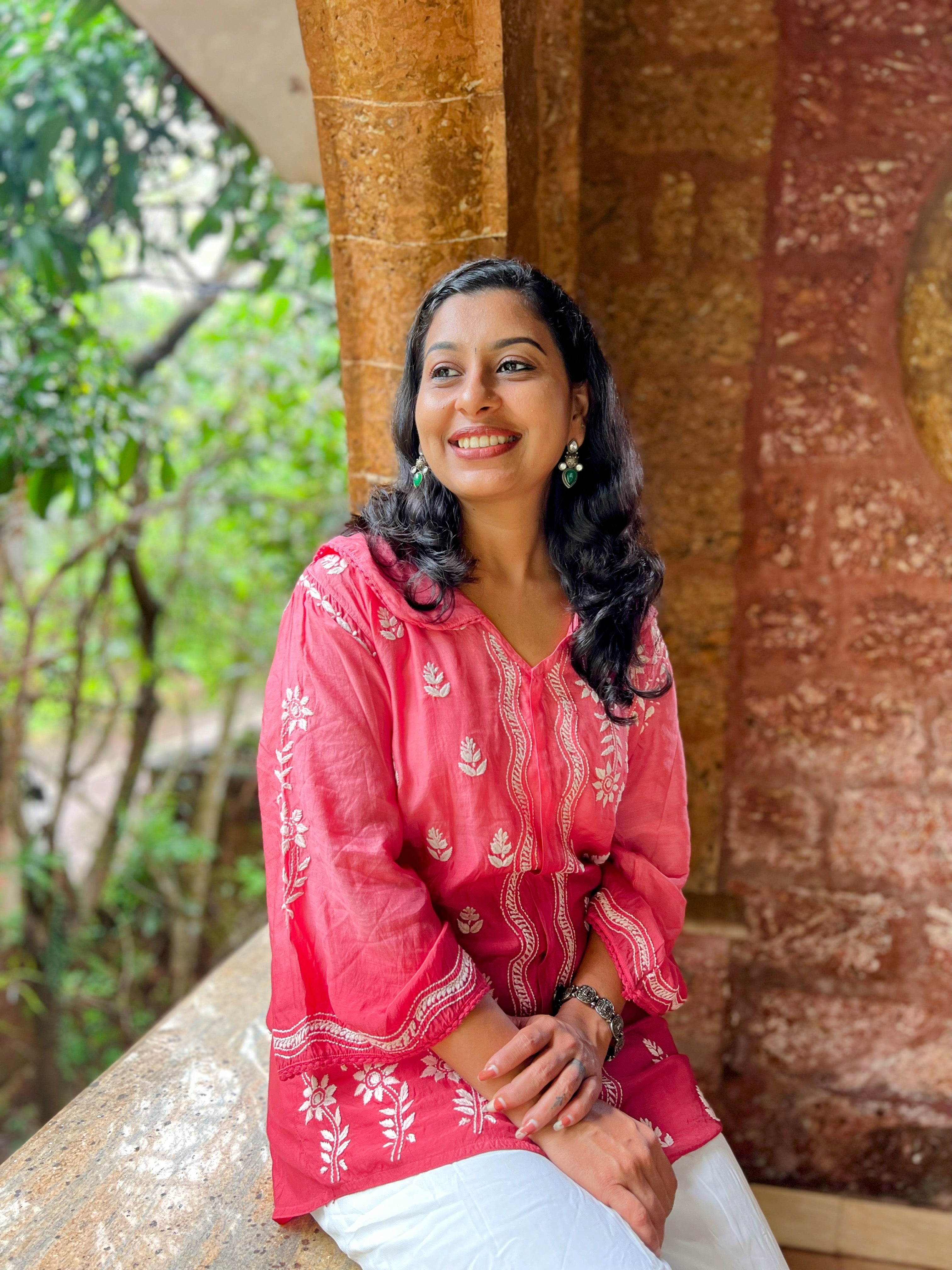 Pure Muslin Chikankari Short top with Peter-pan collar