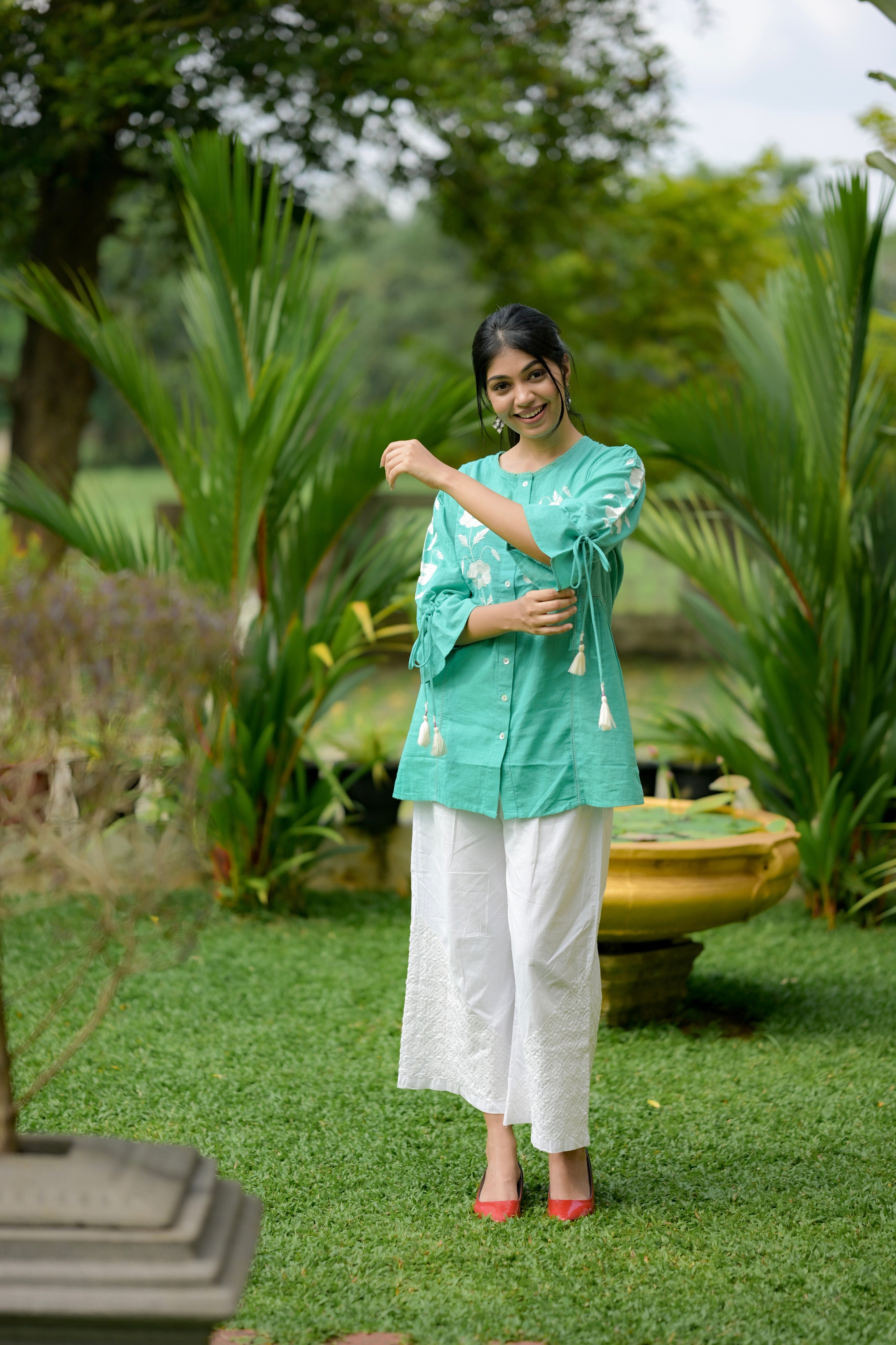 Turquoise Floral Embroidered Short top