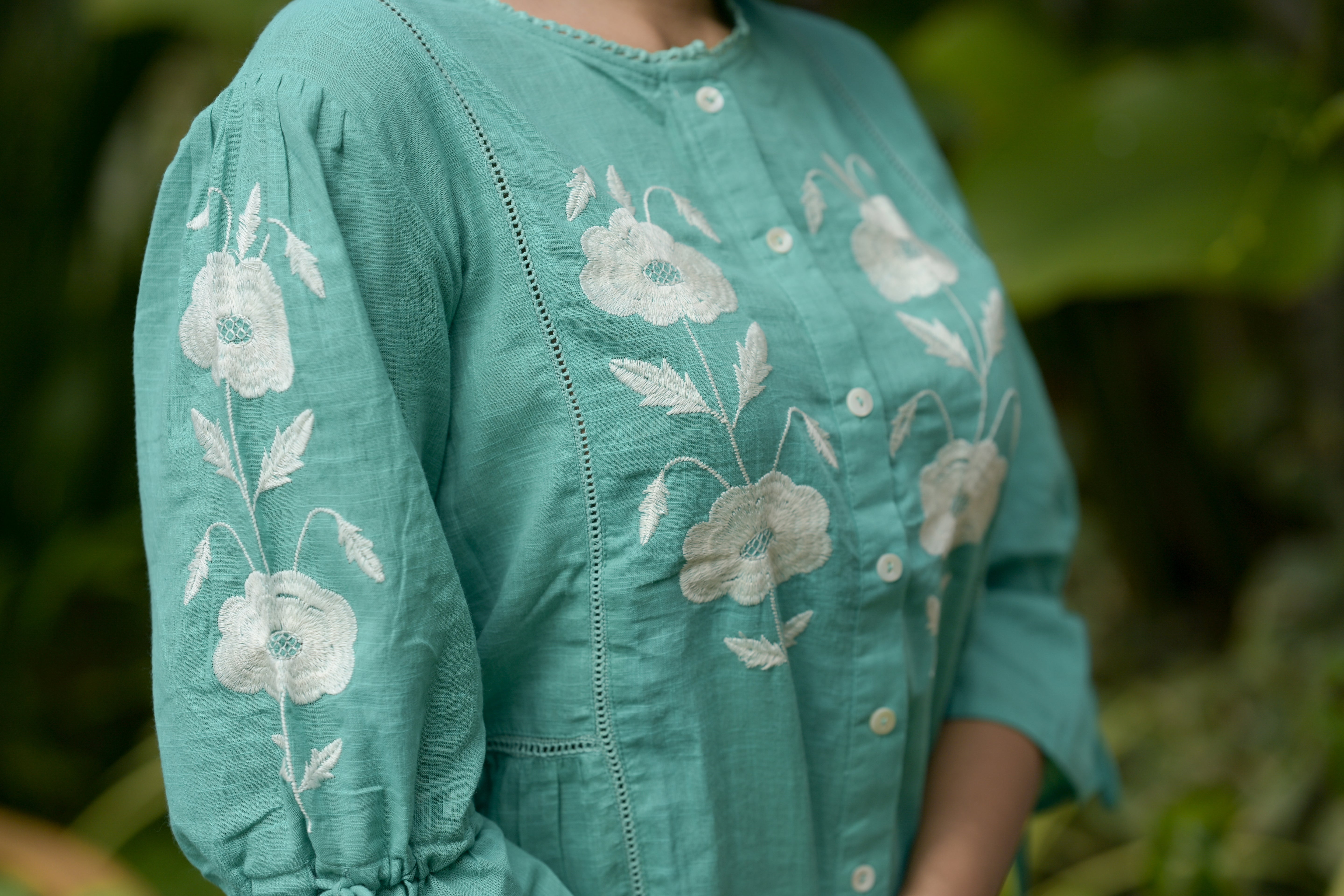 Turquoise Floral Embroidered Short top