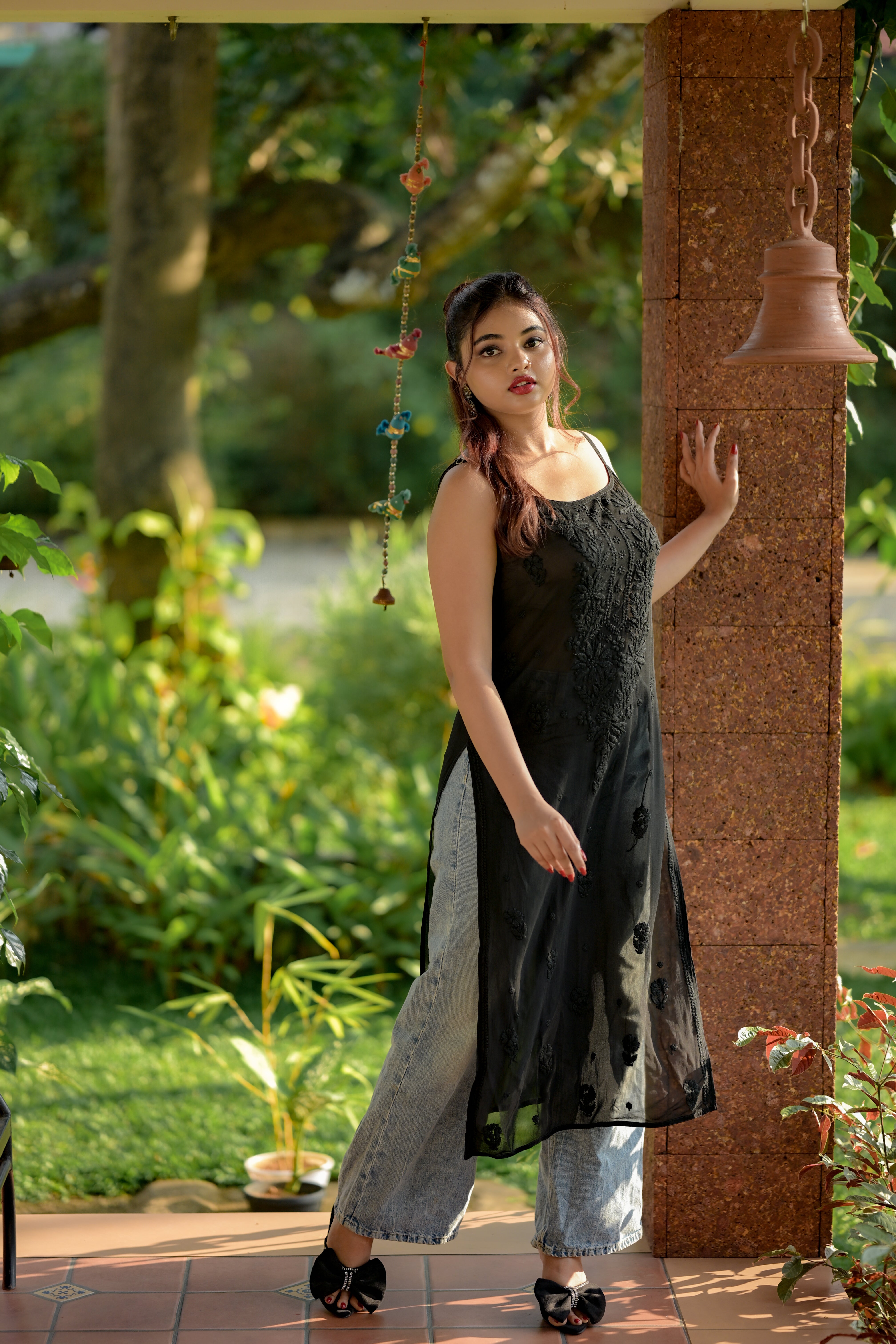 Black Mist Viscose Chikankari Strap Kurti