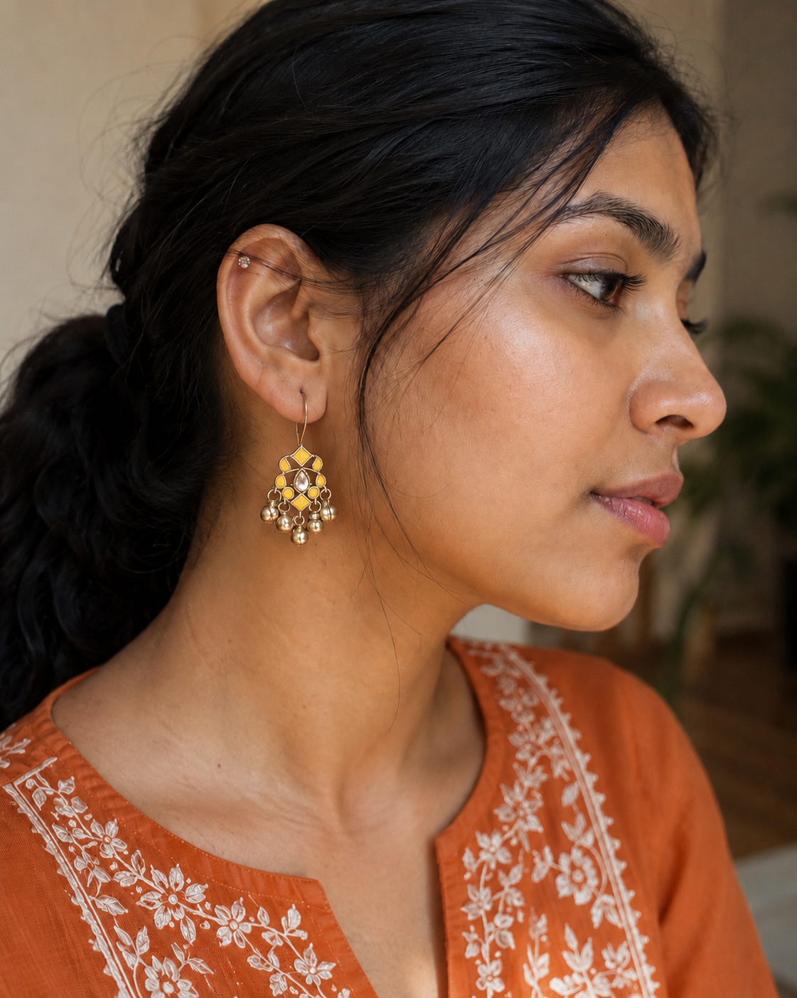 Amber yellow Enamal Ghungroo Earrings