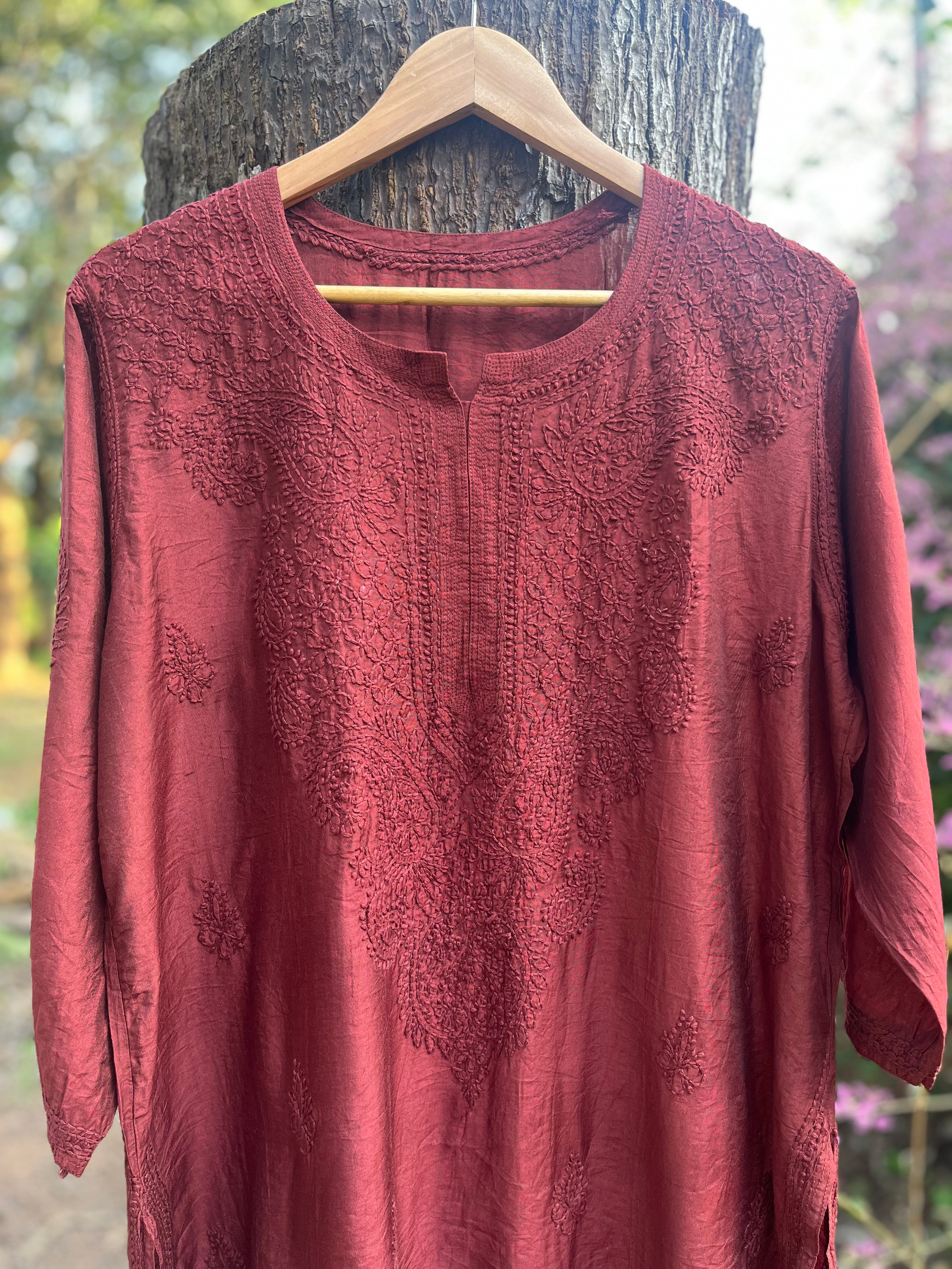 Chanderi Chikankari Straight Kurti