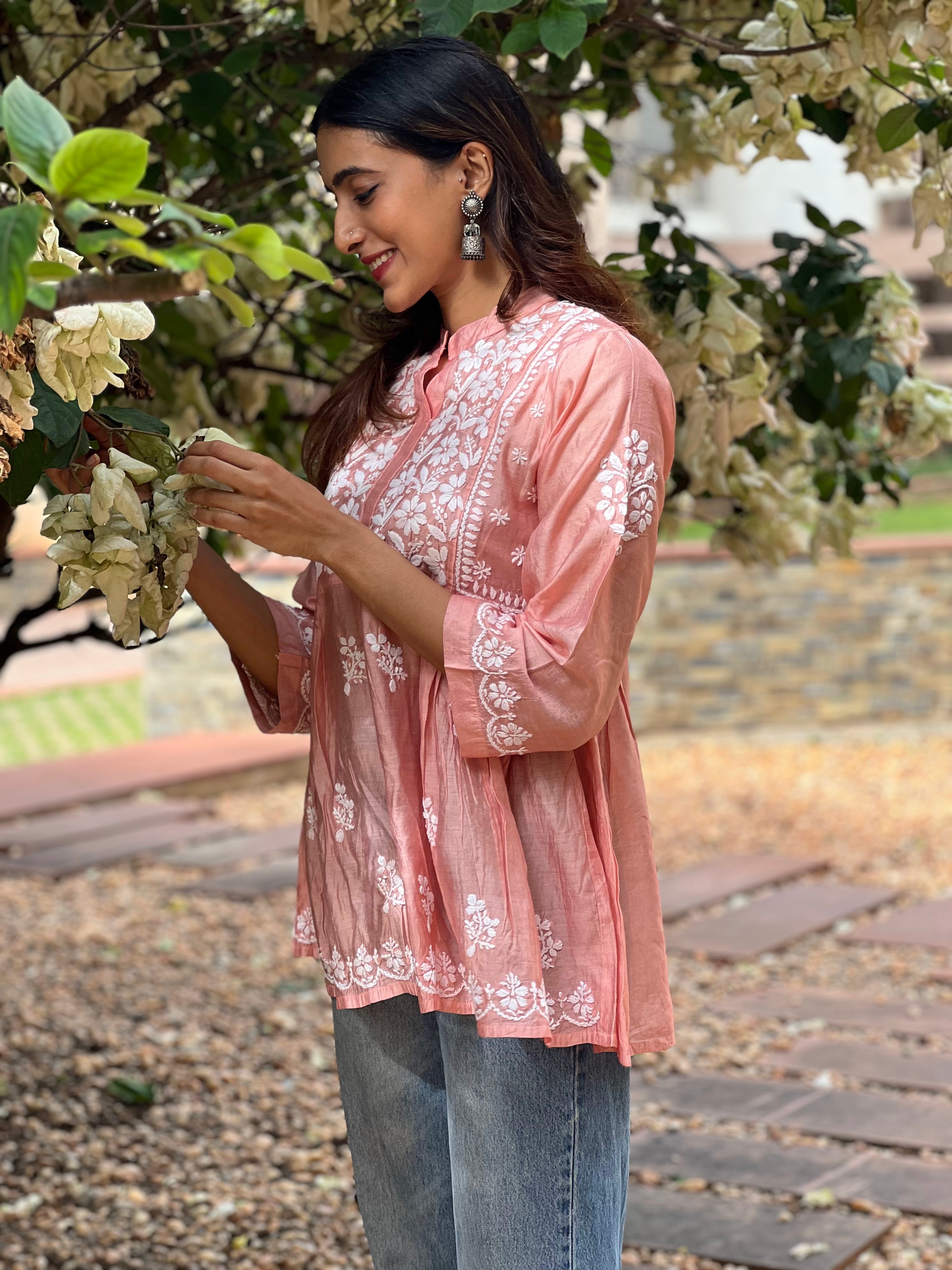 Designer Chanderi Chikankari Short Kurti