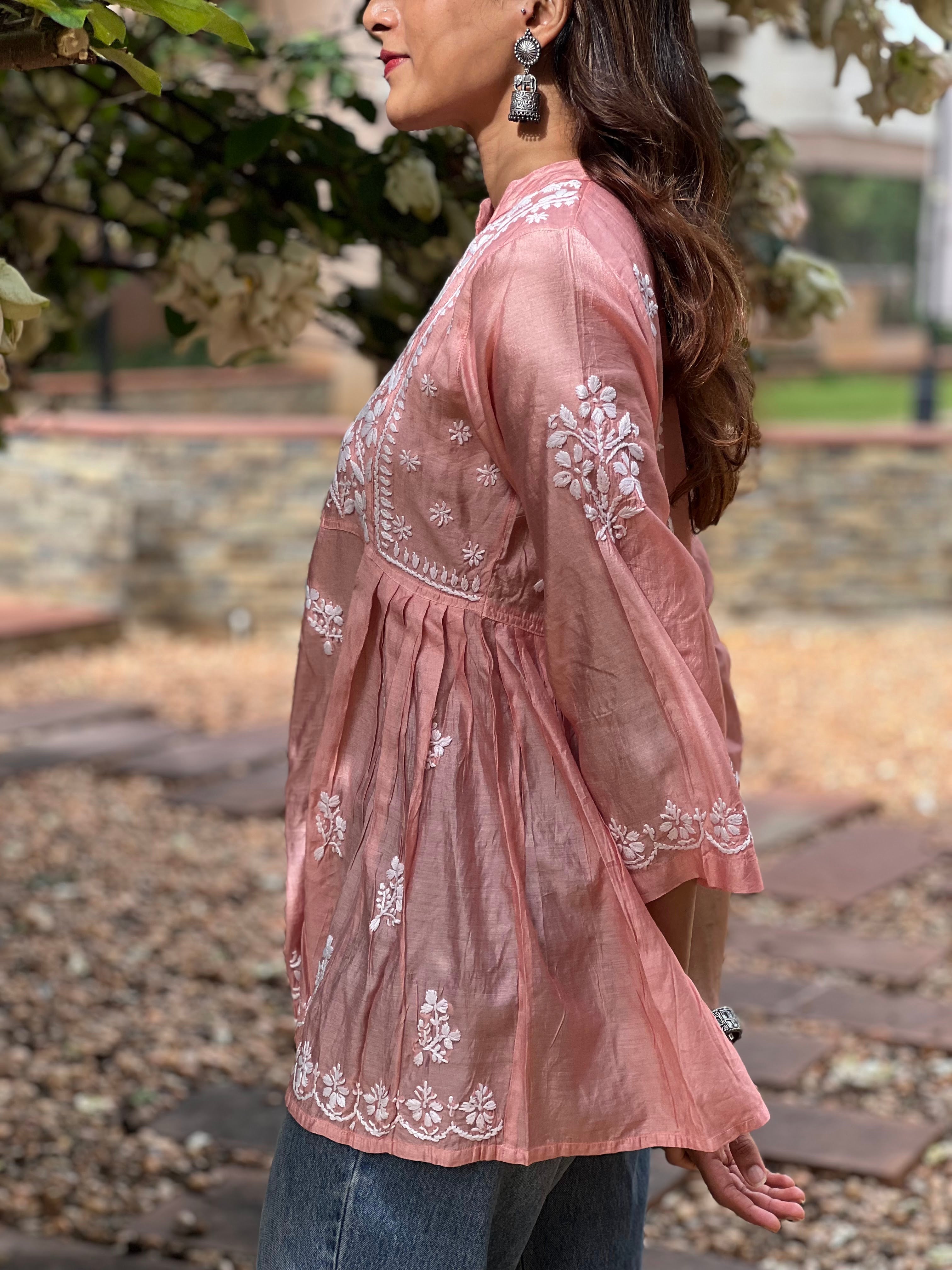 Designer Chanderi Chikankari Short Kurti