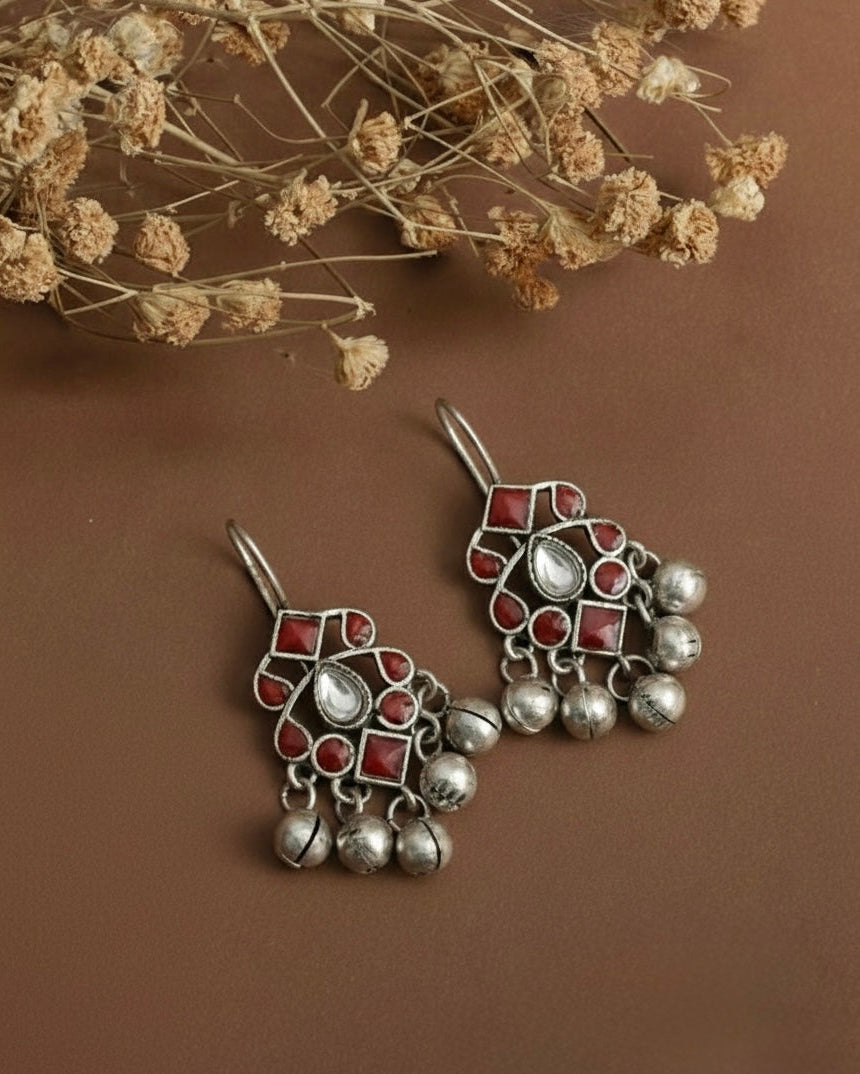 Deep Red Enamal Ghungroo Earrings
