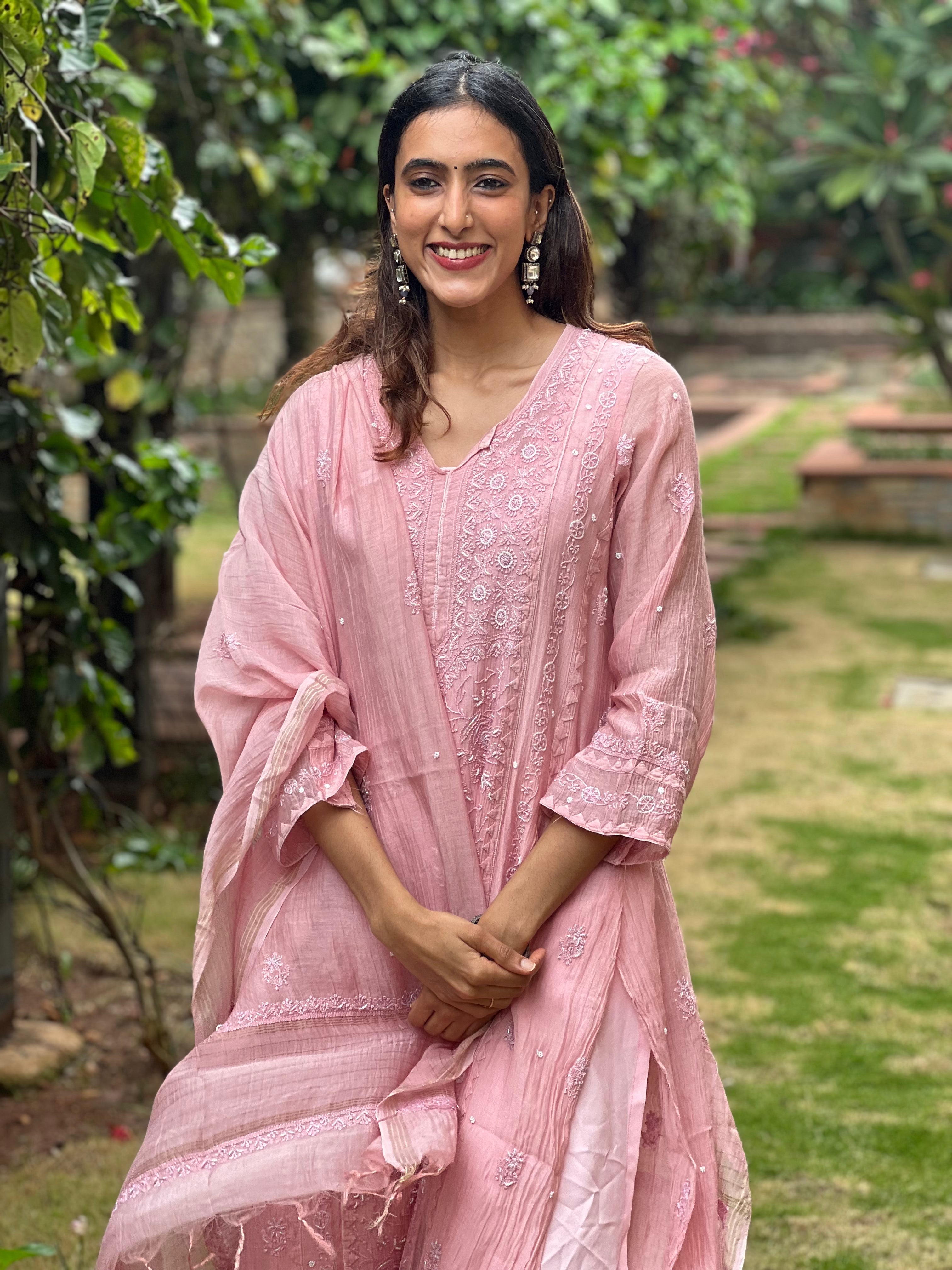 Premium Mul Chanderi Semi Stitched Chikankari Kurti Duppatta Set