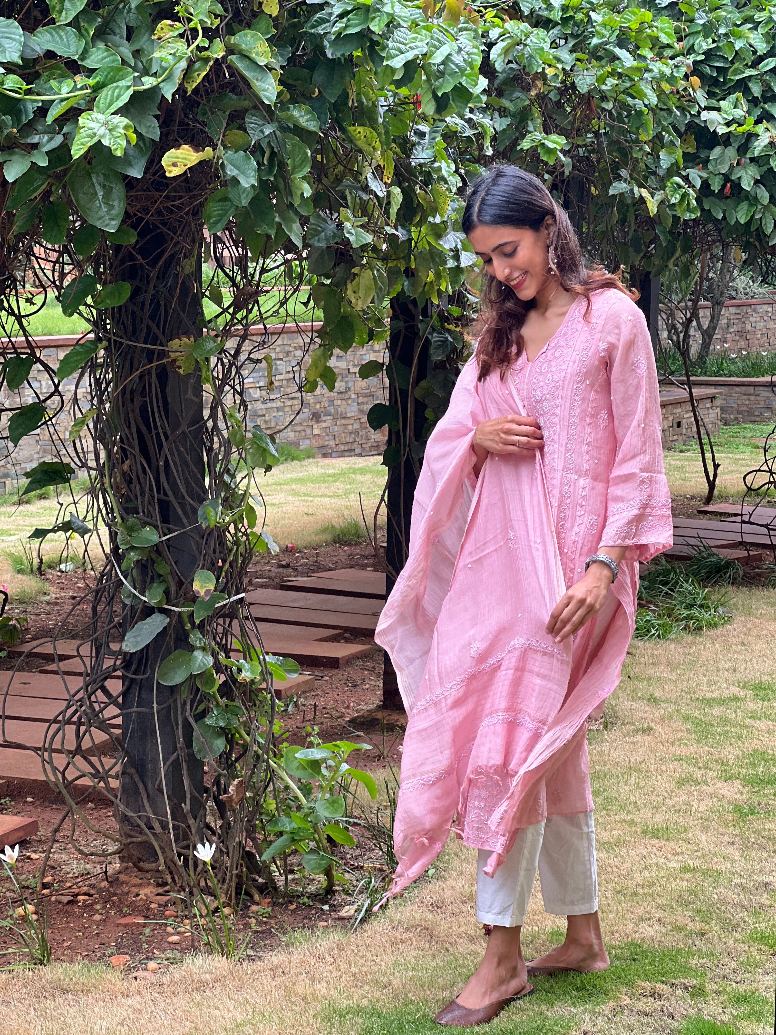 Premium Mul Chanderi Semi Stitched Chikankari Kurti Duppatta Set