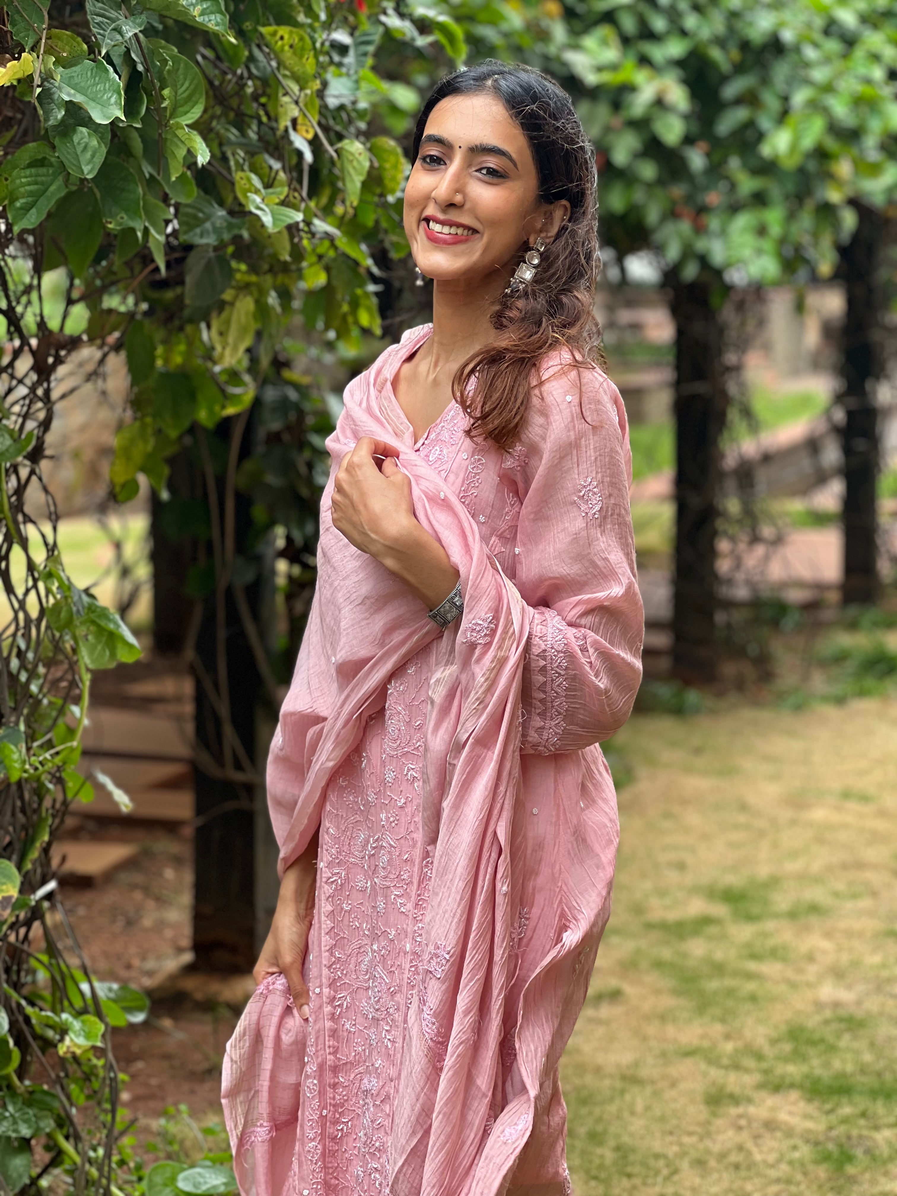 Premium Mul Chanderi Semi Stitched Chikankari Kurti Duppatta Set