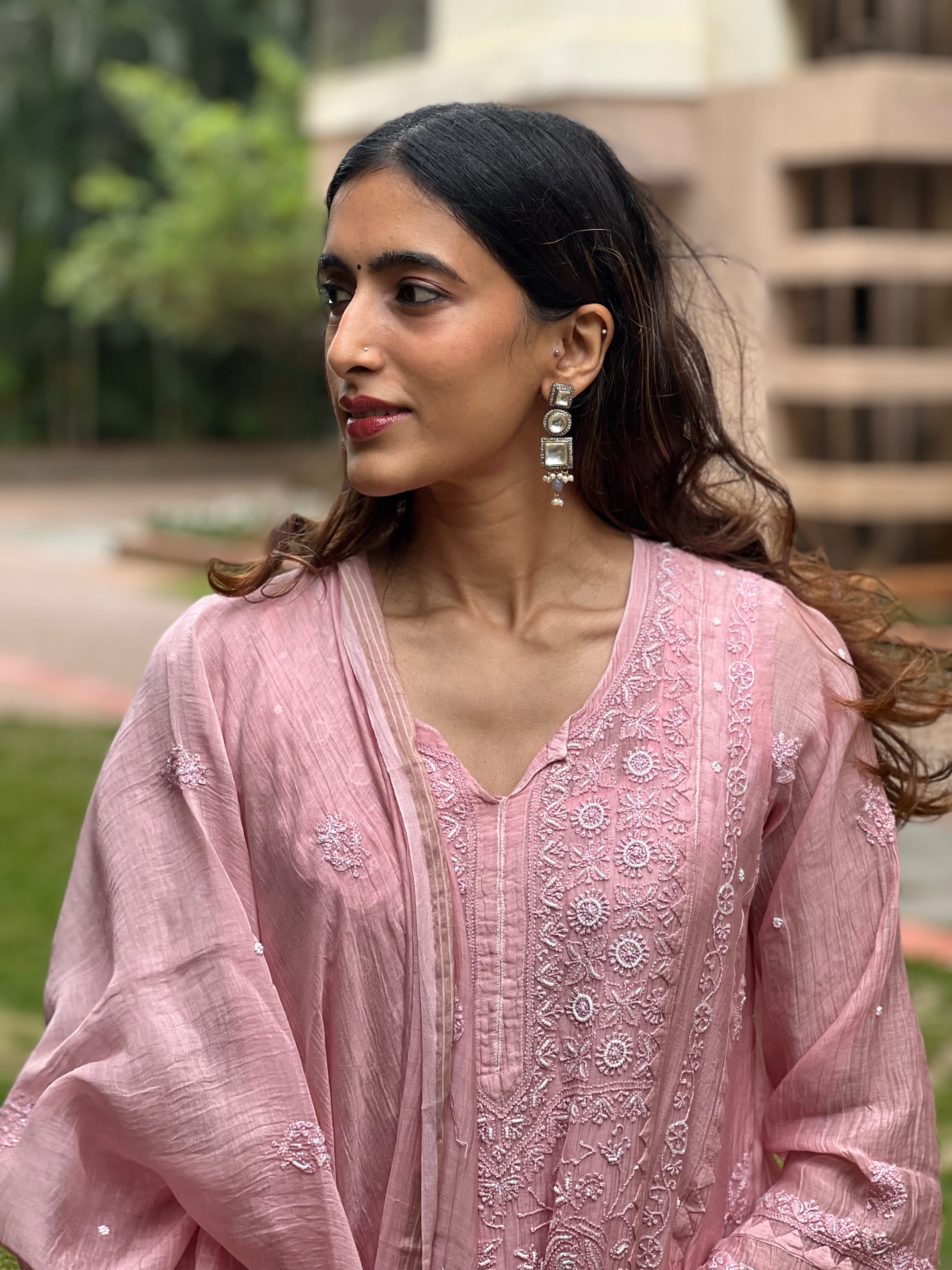 Premium Mul Chanderi Semi Stitched Chikankari Kurti Duppatta Set