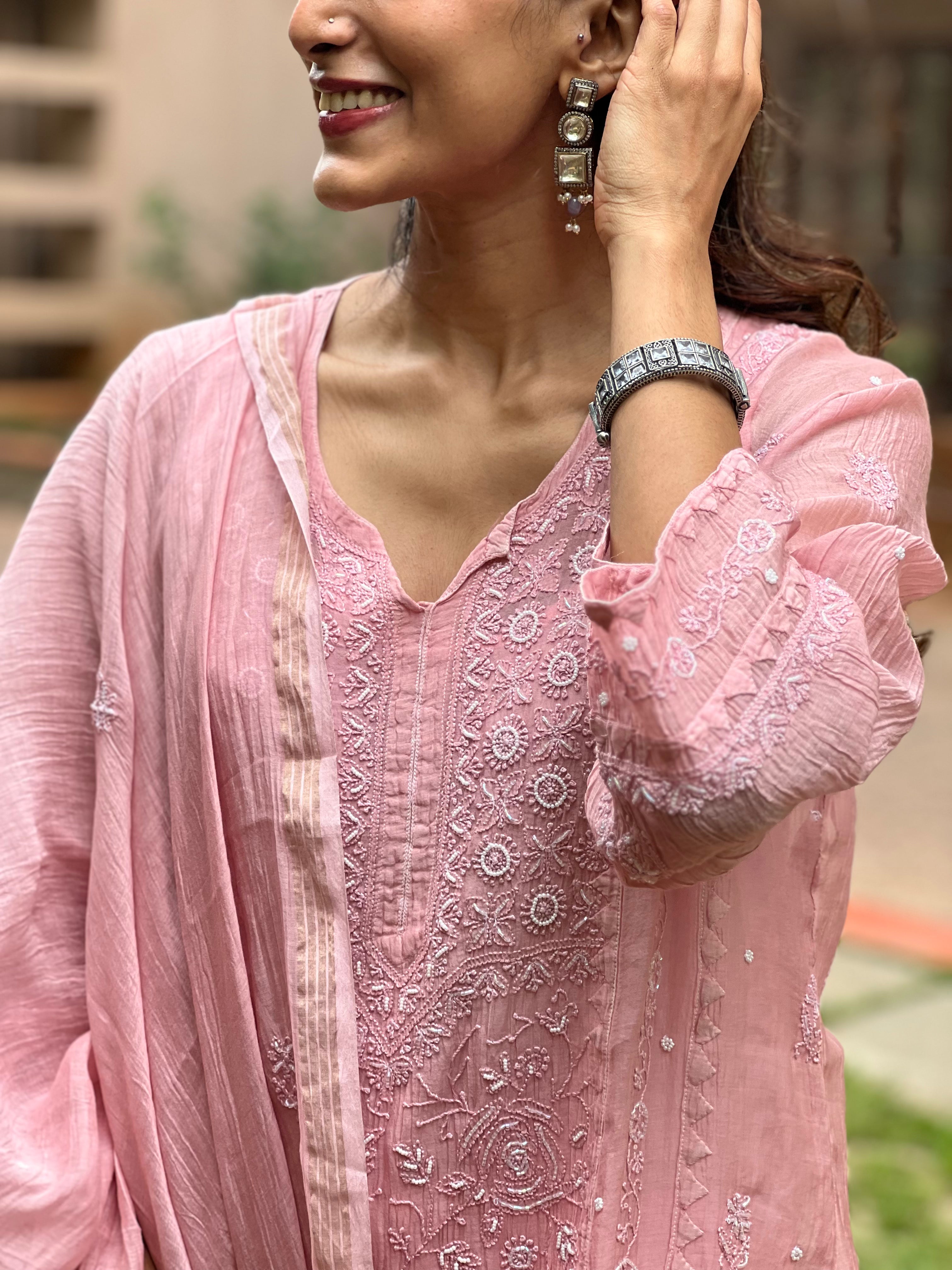 Premium Mul Chanderi Semi Stitched Chikankari Kurti Duppatta Set