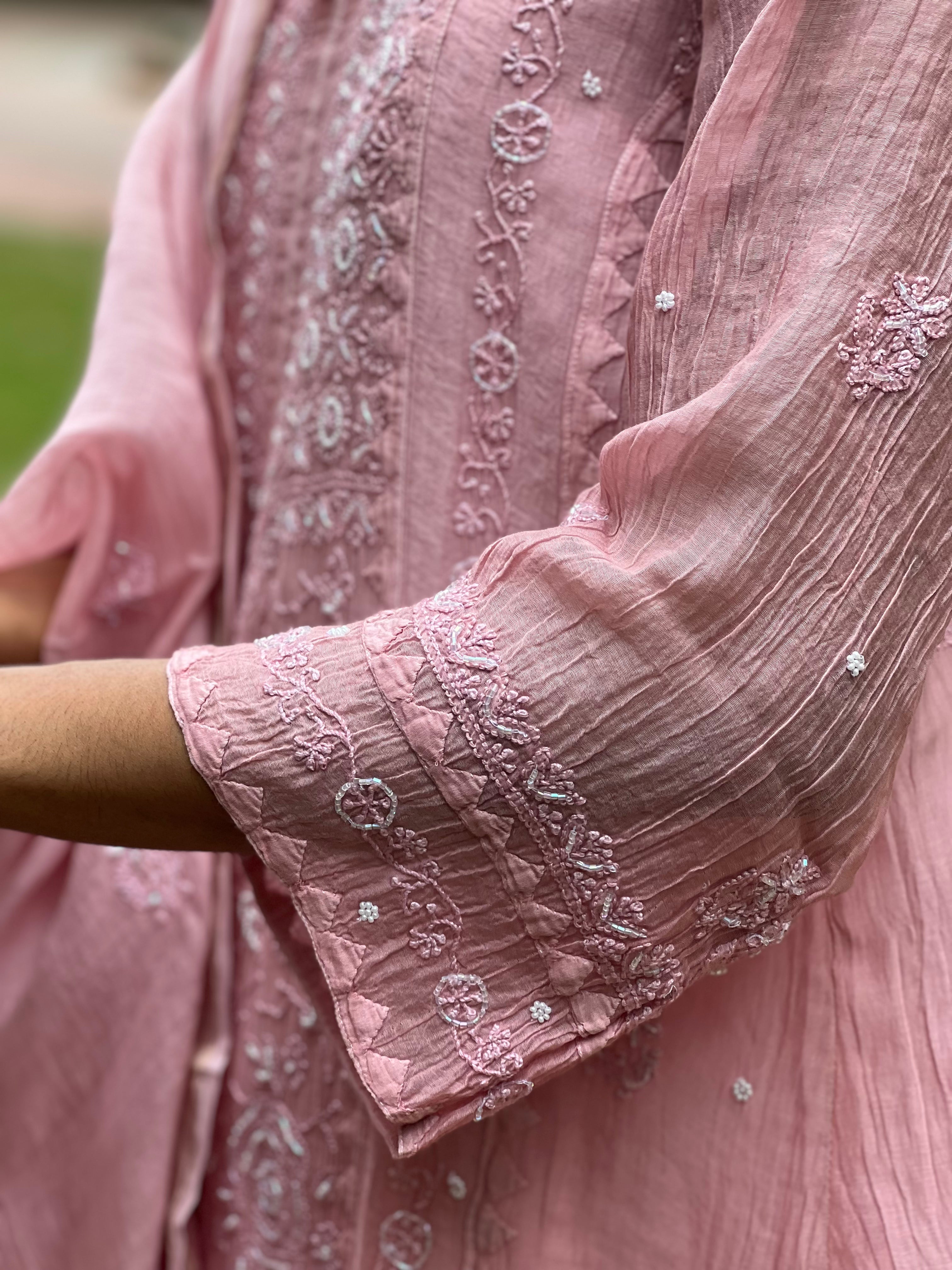 Premium Mul Chanderi Semi Stitched Chikankari Kurti Duppatta Set