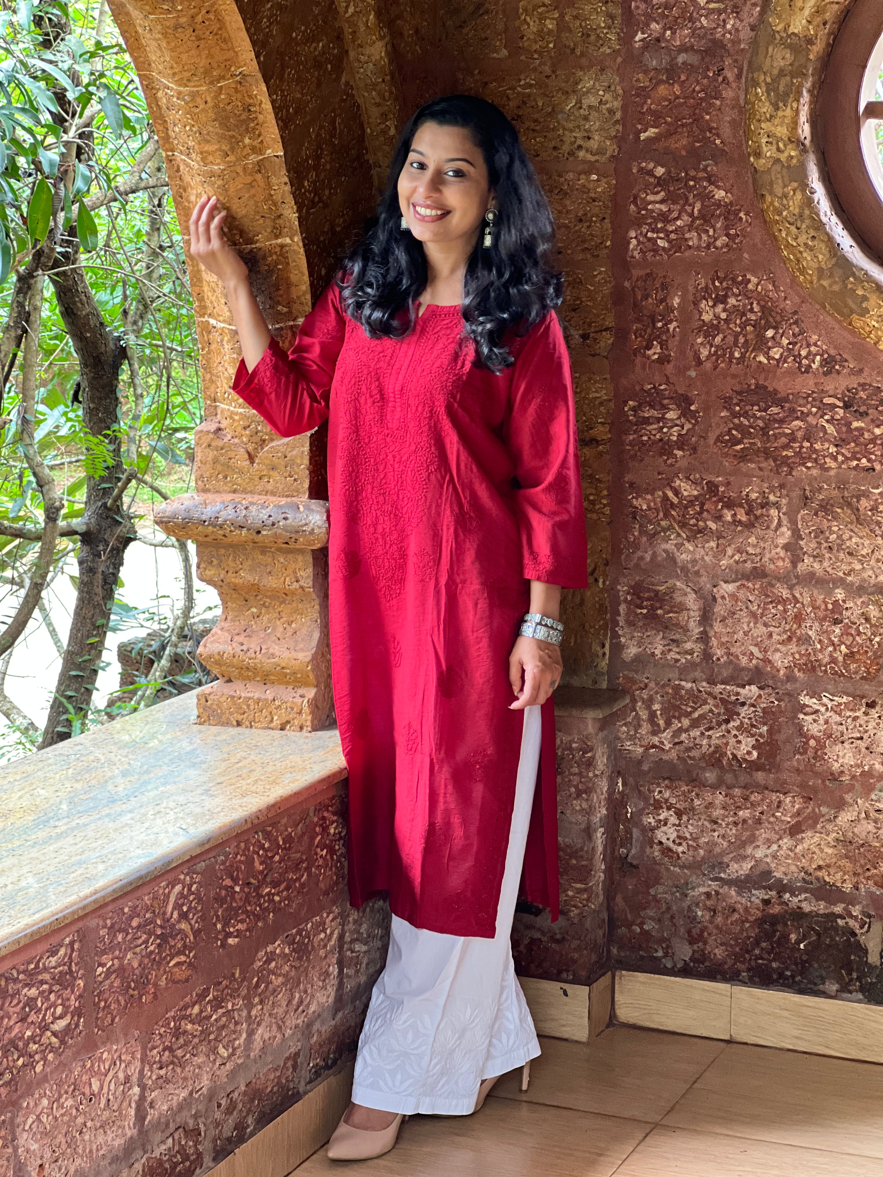 Chanderi Chikankari Straight Kurti