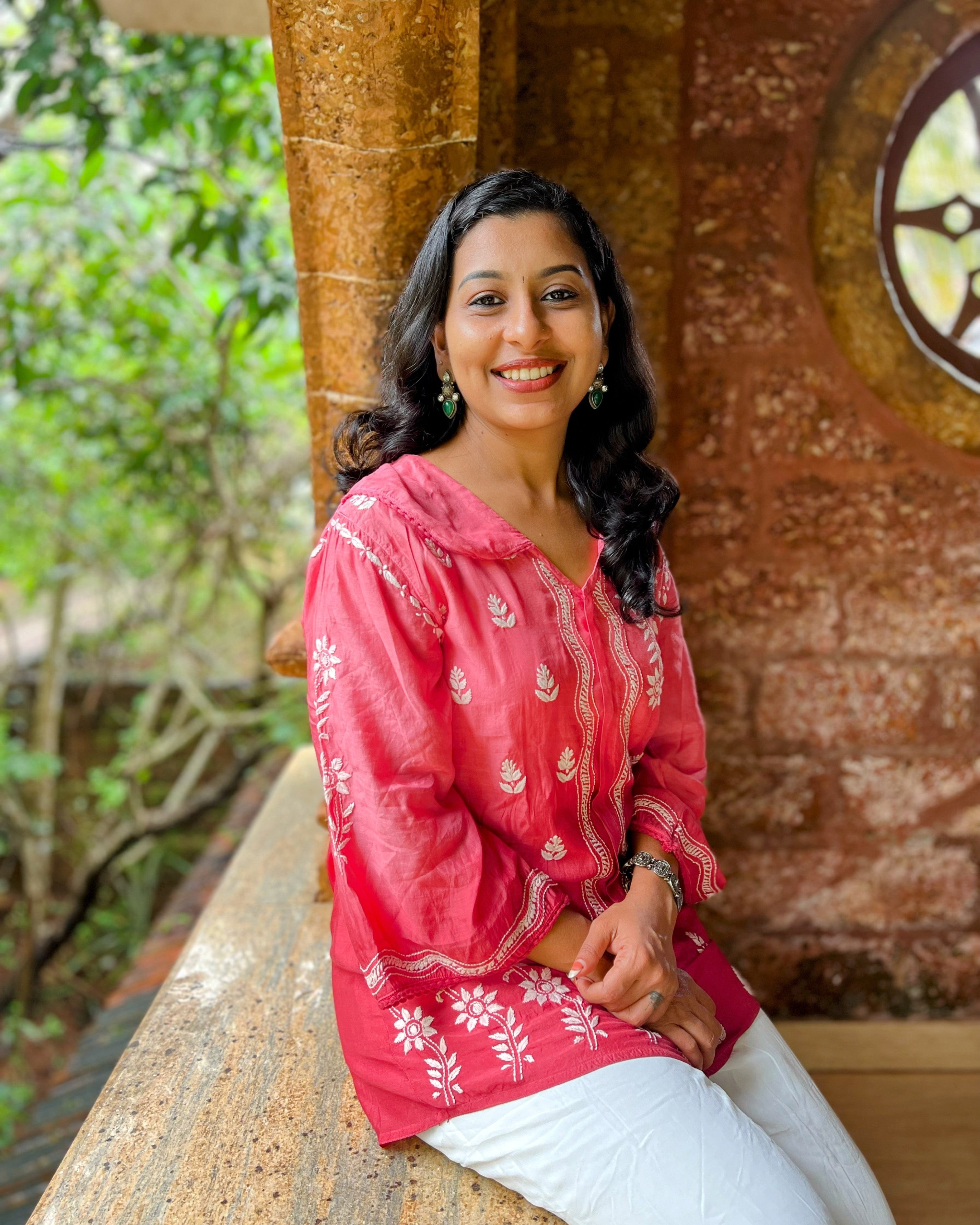 Pure Muslin Chikankari Short top with Peter-pan collar