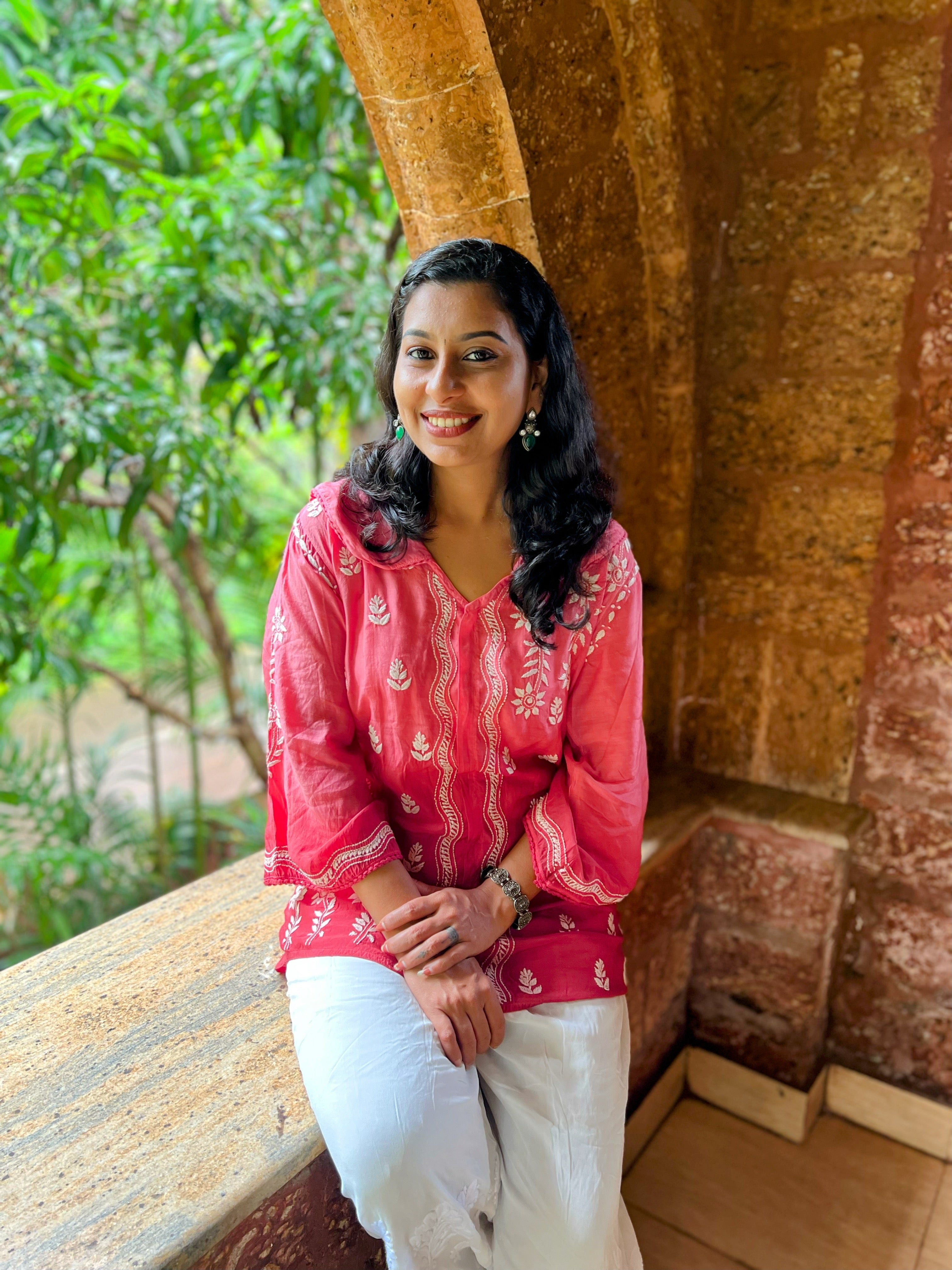 Pure Muslin Chikankari Short top with Peter-pan collar