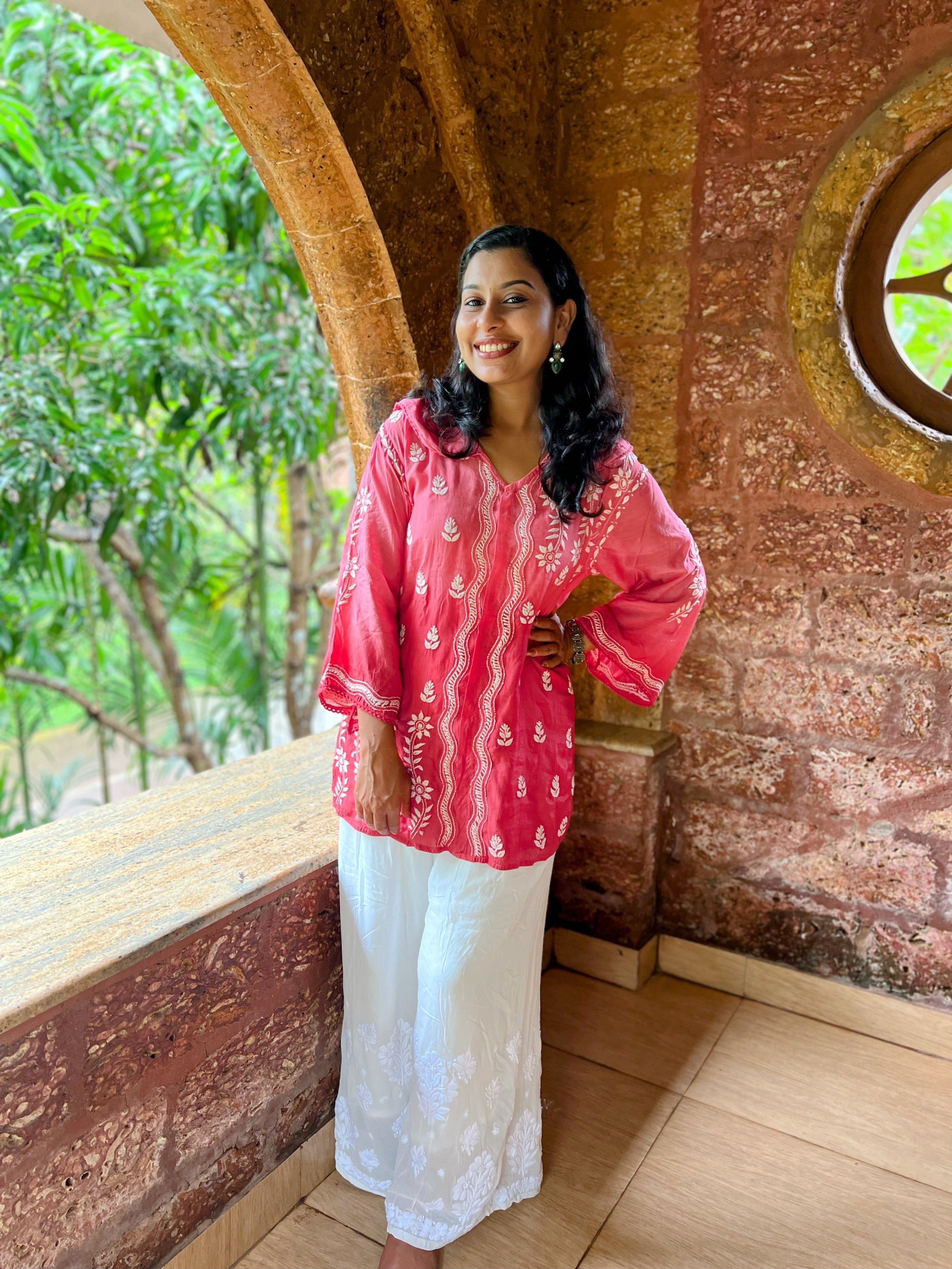 Pure Muslin Chikankari Short top with Peter-pan collar